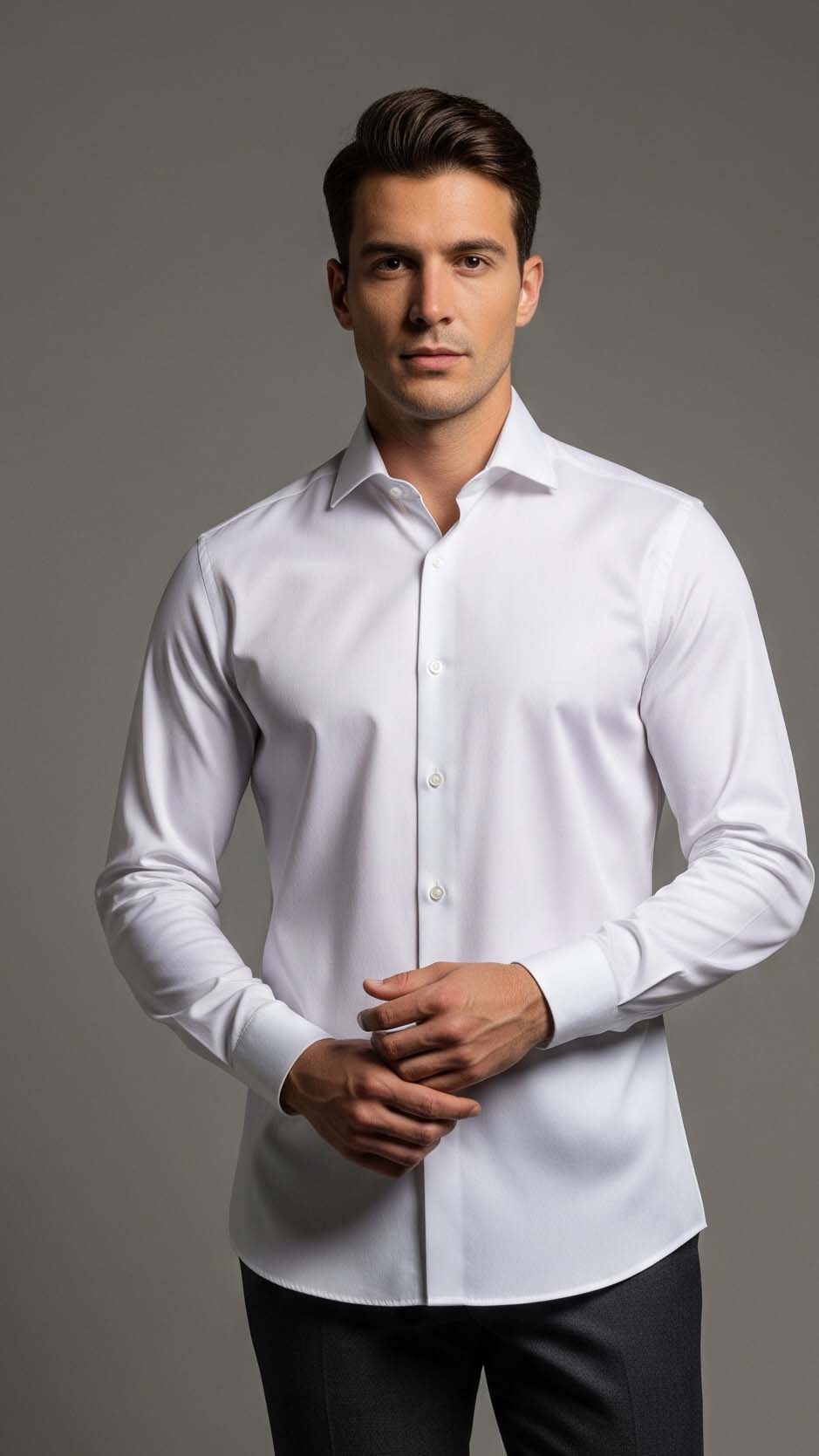 un uomo che indossa una camicia bianca di alta qualità per mostrare la vestibilità e la lunghezza corrette, un capo essenziale per un outfit elegante.