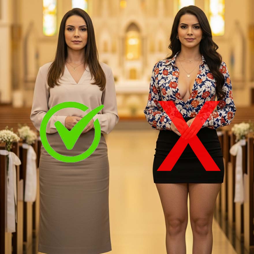 Confronto tra due outfit per un battesimo: a sinistra un look appropriato con gonna longuette color neutro e blusa, a destra un look sbagliato con minigonna nera e blusa scollata a fiori.