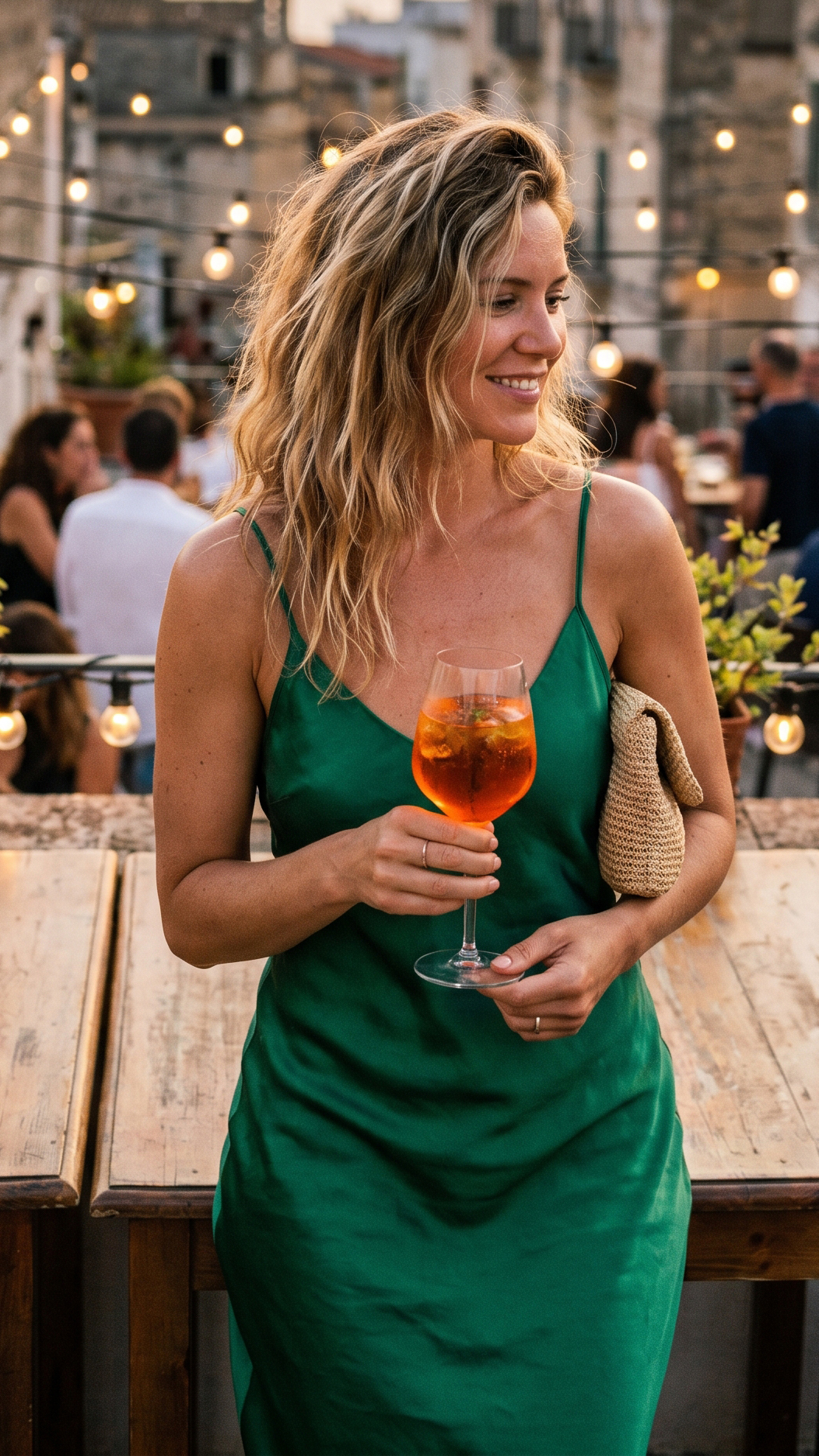 Come Vestirsi in Estate Donna: Guida Completa Allo Stile 9 Come vestirsi in estate la sera donna: abito in raso verde smeraldo per aperitivo al tramonto, look elegante estivo