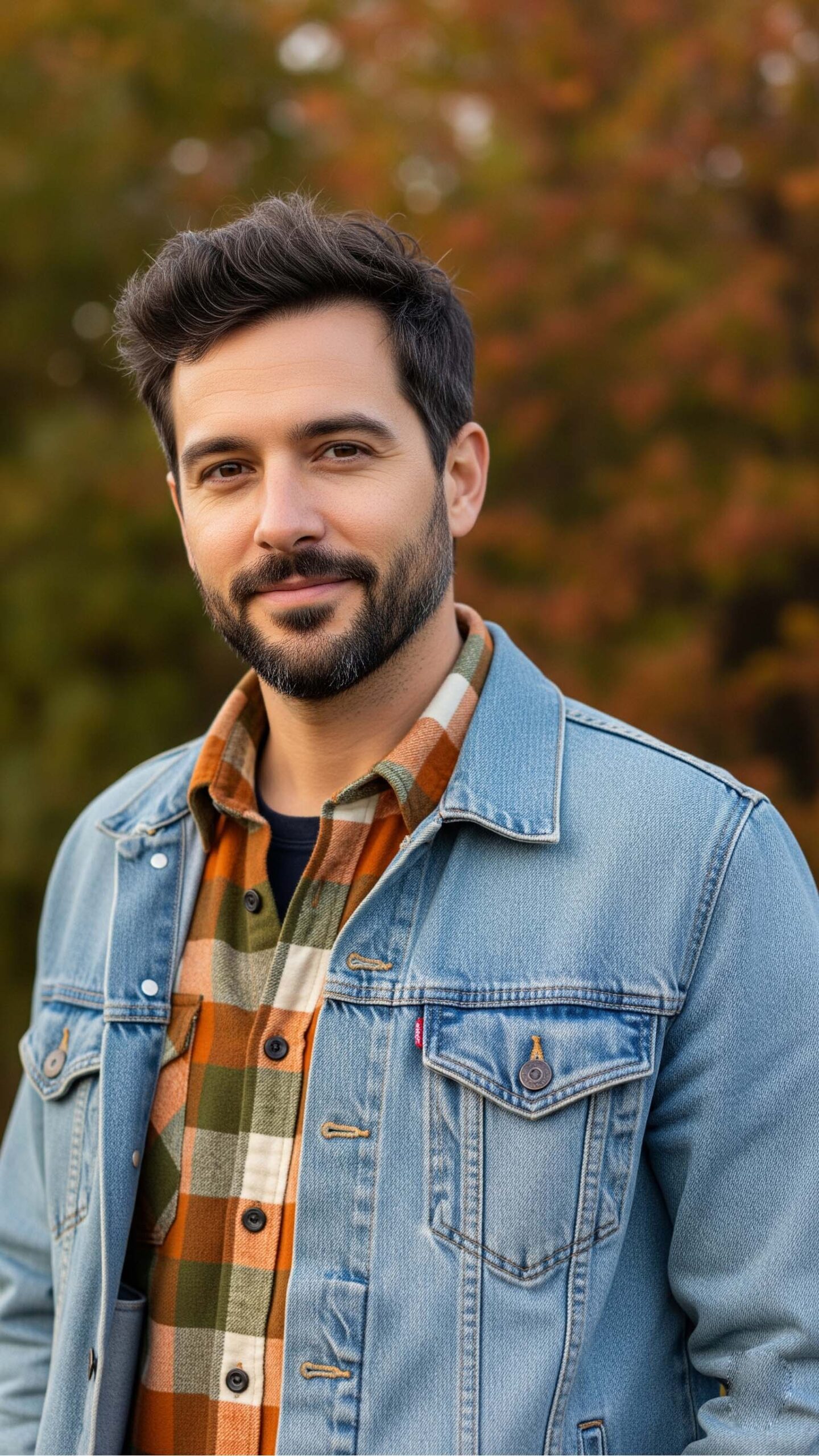 Un uomo con un perfetto outfit da uomo per settembre a Salerno, che indossa una camicia di flanella a quadri sotto una giacca di jeans, esempio di come vestirsi a strati.