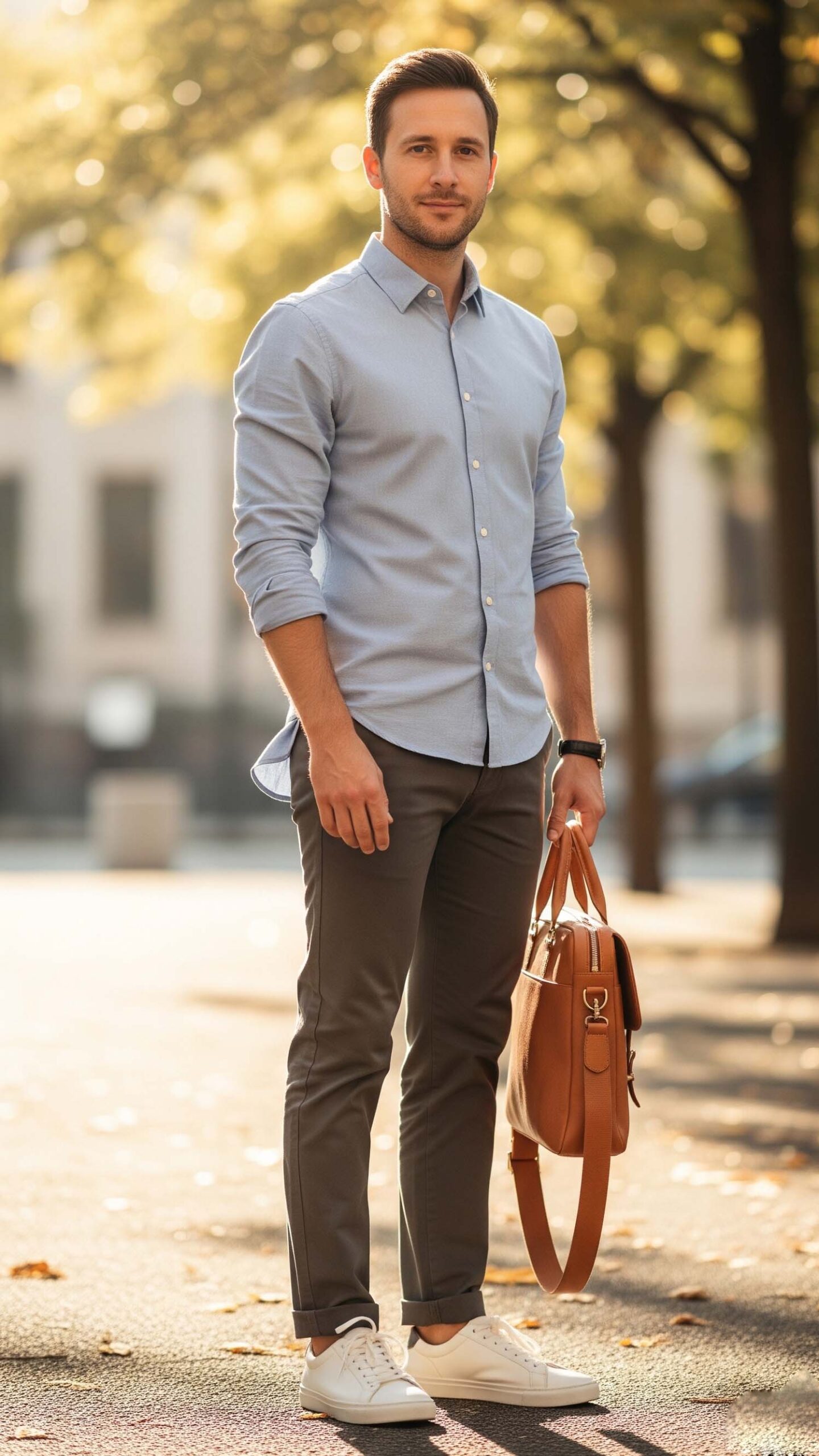 Un uomo a Salerno con un outfit smart casual da uomo per settembre, composto da camicia azzurra, pantaloni chino scuri e sneakers bianche, con una borsa in pelle.
