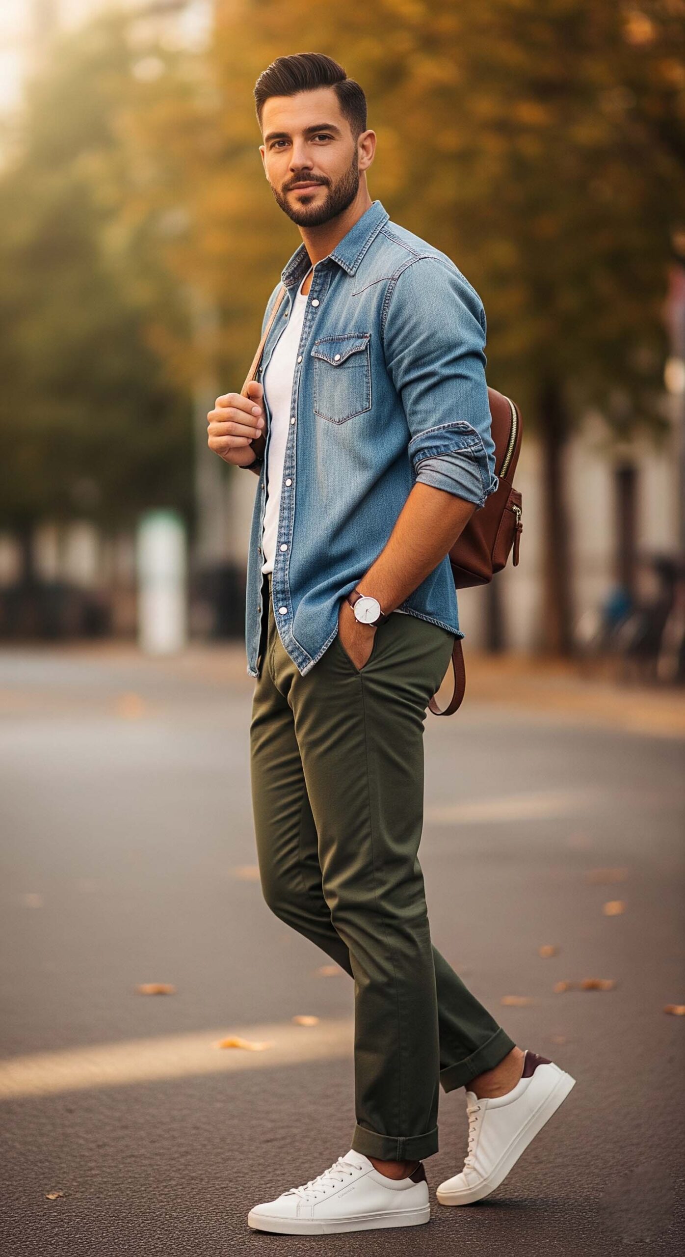 Un uomo a Salerno con un outfit perfetto per settembre, che indossa una camicia di jeans, una t-shirt bianca e pantaloni chino verde militare, con sneakers bianche.