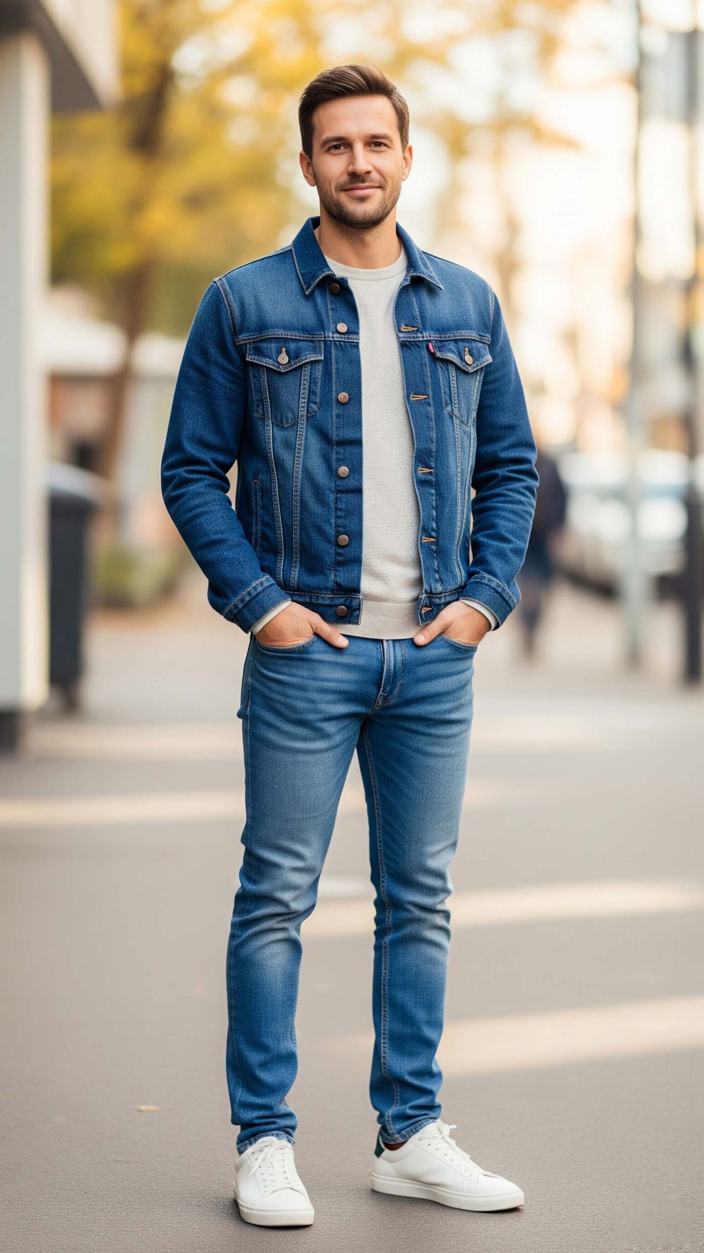 Un uomo sorridente a Salerno con un outfit casual da uomo per settembre, che indossa giacca di jeans, maglione chiaro e jeans con sneakers bianche.