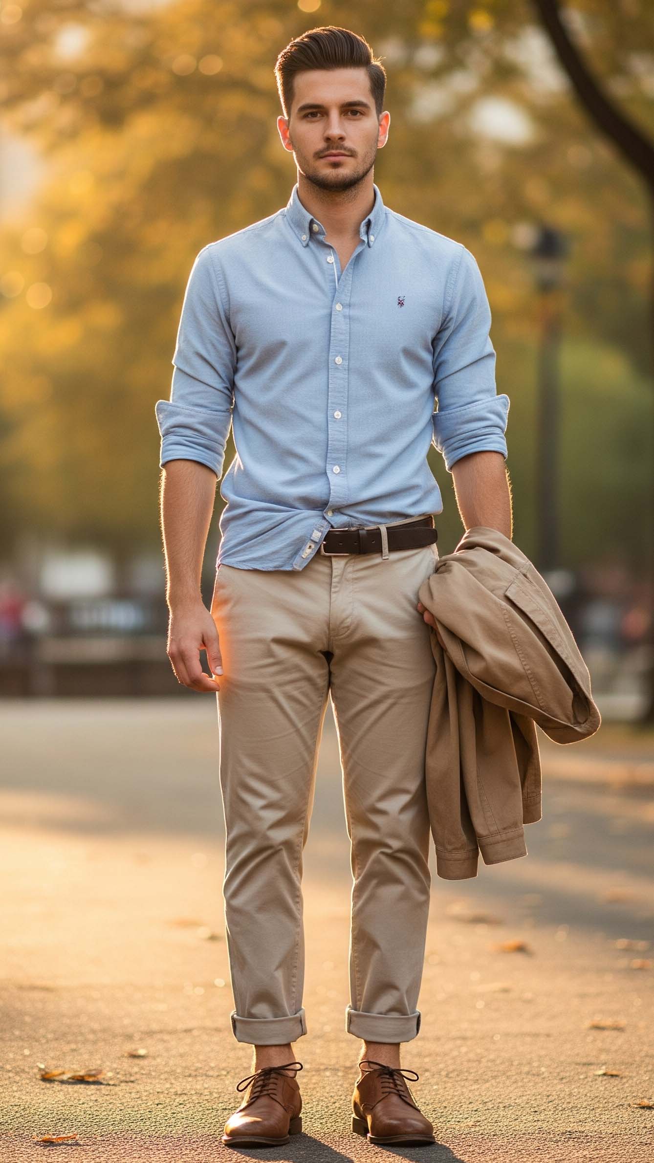 Uomo in un elegante outfit da uomo per settembre a Salerno, che indossa una camicia azzurra, pantaloni chino beige e porta una giacca chiara a braccio.