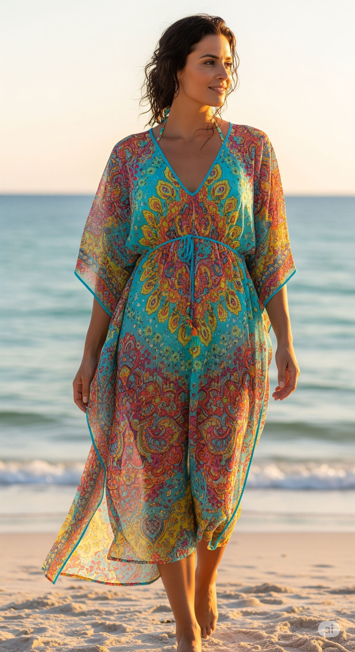 Look da spiaggia per agosto: donna che indossa un caftano lungo e colorato come copricostume, mentre cammina sulla sabbia al tramonto.

