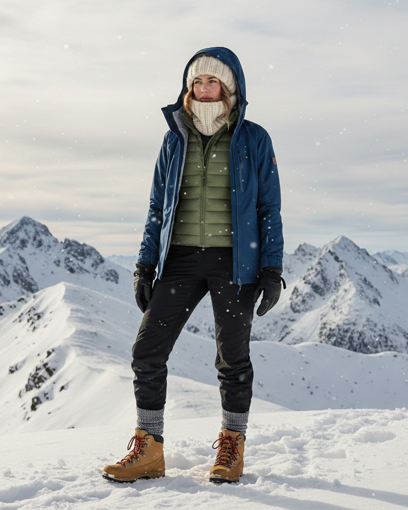 Donna in alta montagna con abbigliamento a strati: giacca impermeabile blu, piumino leggero verde, pantaloni tecnici neri e scarponcini da trekking sulla neve.