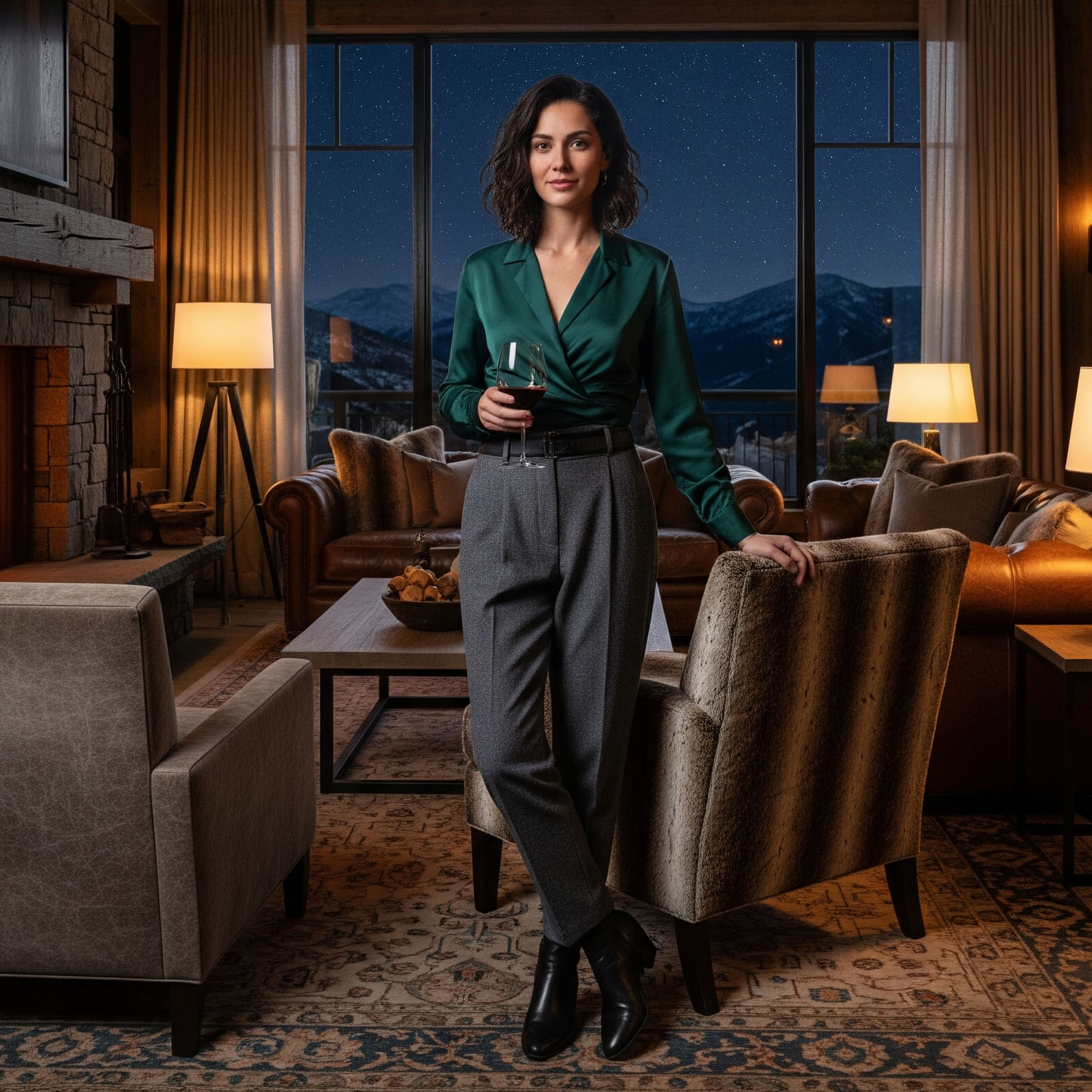 Come Vestirsi la Sera in Montagna d'estate: Guida per Donna 9 Donna in blusa di seta elegante e pantaloni sartoriali posa con un bicchiere di vino in un lussuoso e accogliente chalet di montagna di sera.
