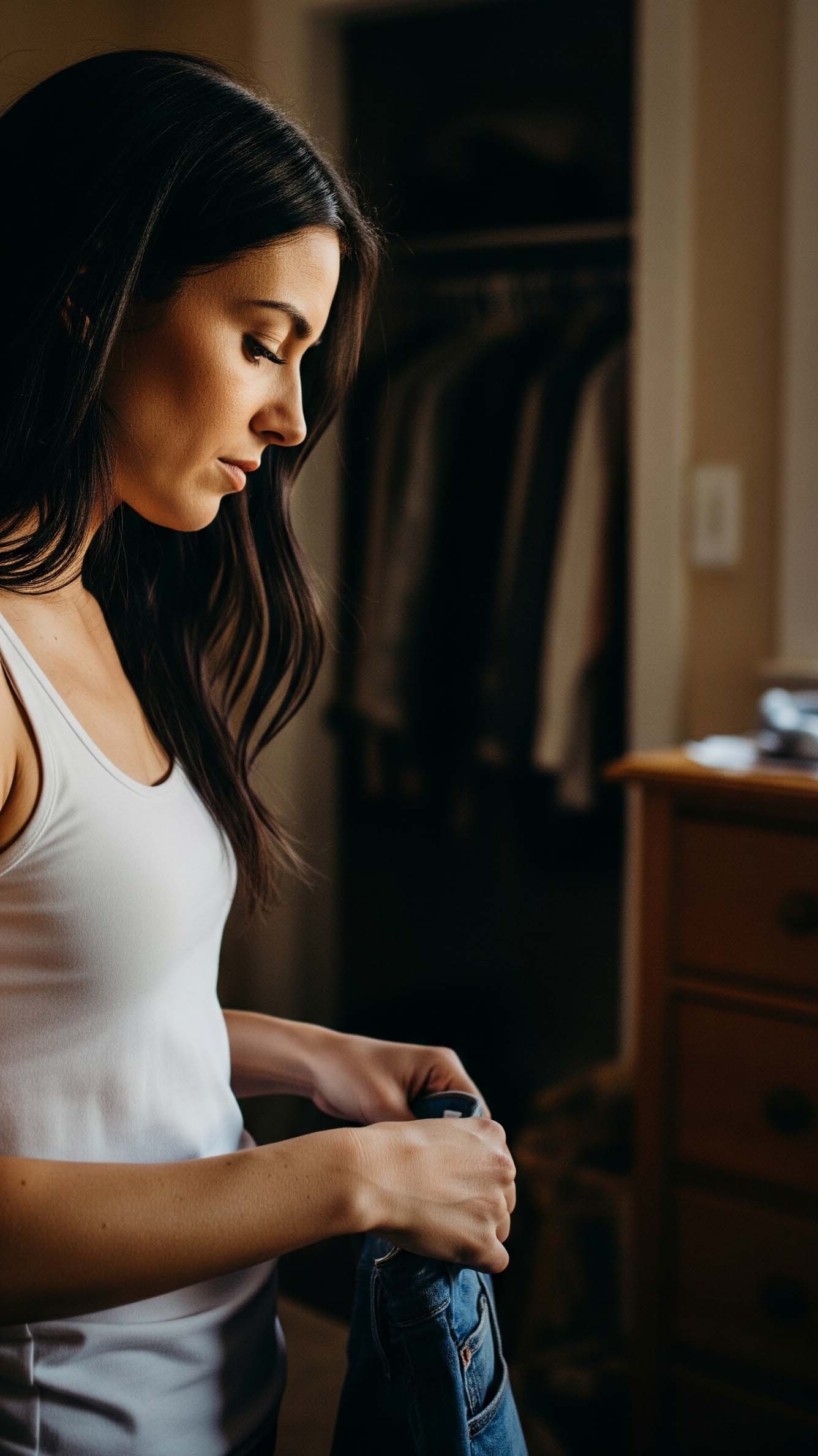 Donna con canotta bianca in camera da letto, rappresenta il primo strato leggero per l'outfit di settembre.