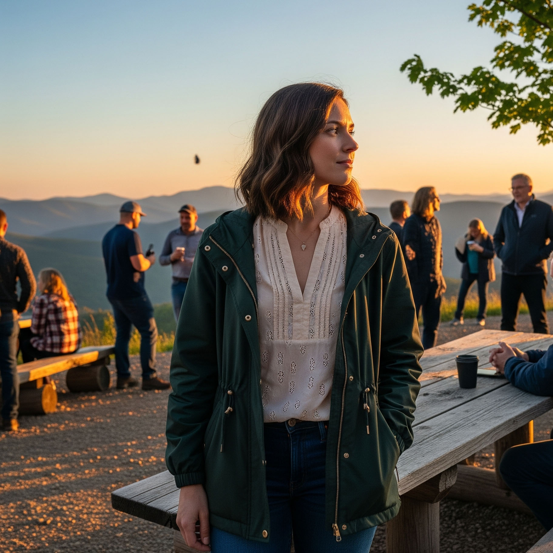 Come Vestirsi la Sera in Montagna d'estate: Guida per Donna 7 Donna che indossa una giacca a vento tecnica verde bosco sopra una blusa e jeans scuri, durante un aperitivo all'aperto in montagna al tramonto.