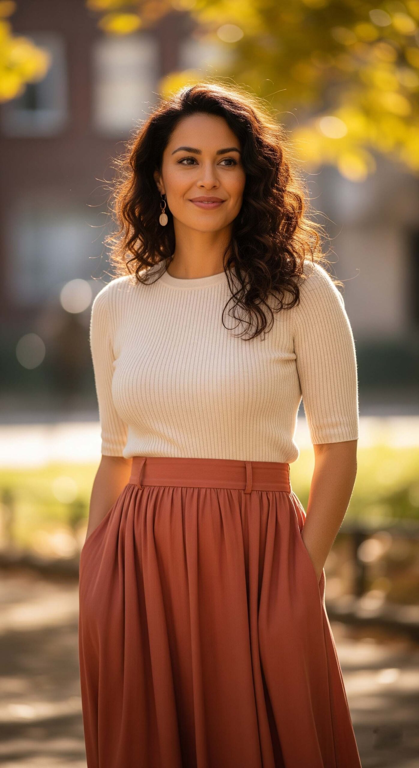 Donna con i capelli ricci indossa una gonna midi color terracotta e un top color crema. Questo outfit è un perfetto esempio di come abbinare i caldi colori per settembre in modo luminoso ed elegante.