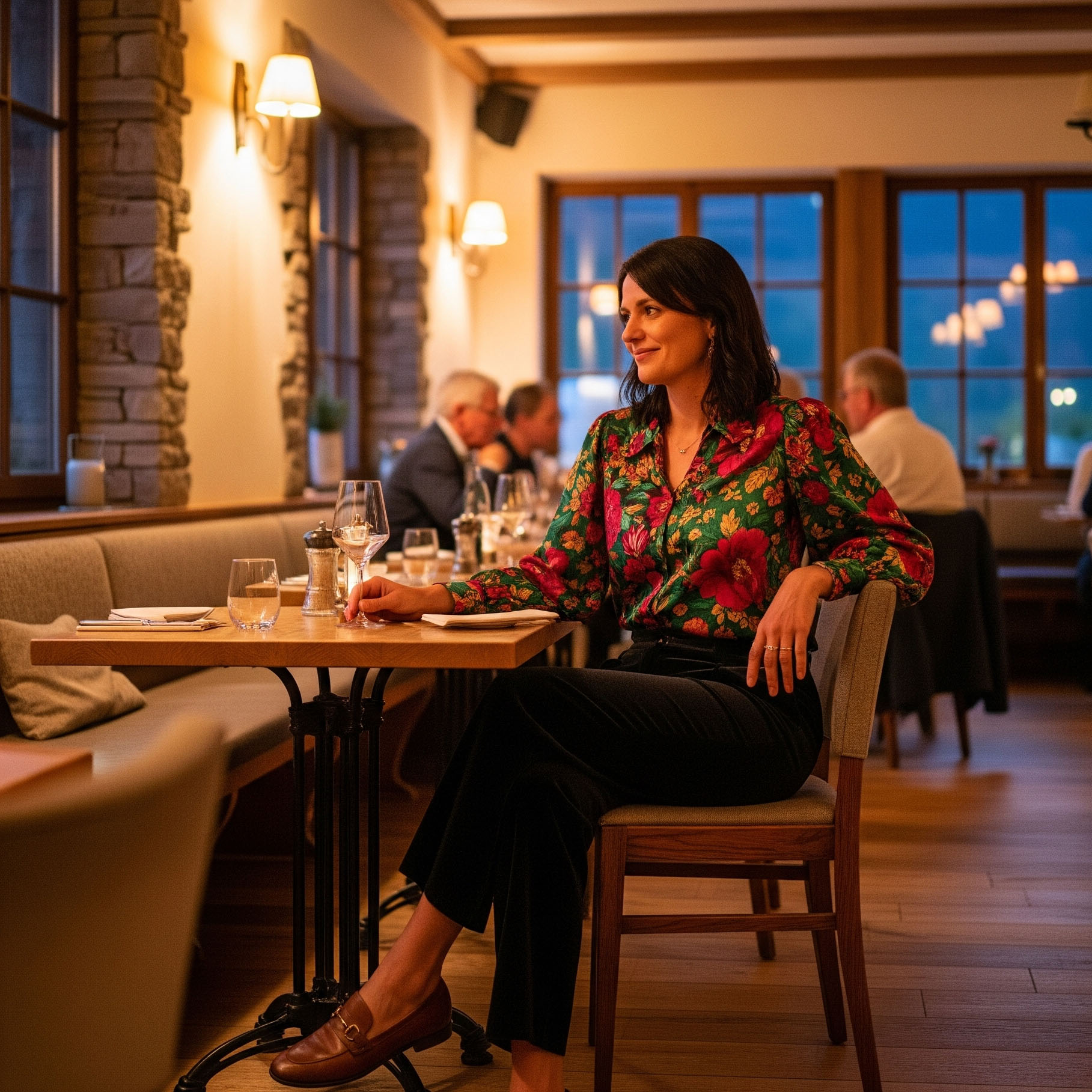 Come Vestirsi la Sera in Montagna d'estate: Guida per Donna 24 Donna con blusa elegante e pantaloni di velluto in un ristorante tipico di montagna di sera, per un look raffinato.