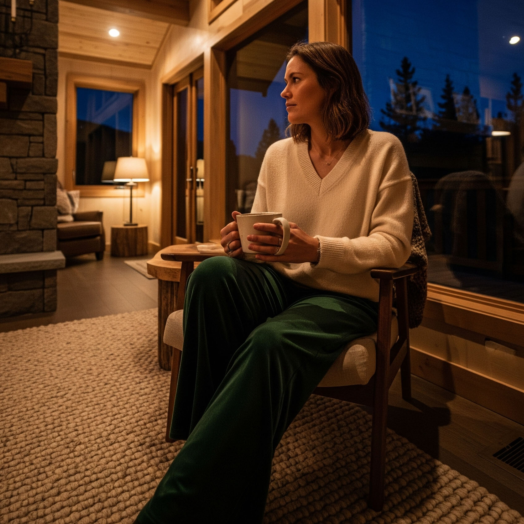 Come Vestirsi la Sera in Montagna d'estate: Guida per Donna 16 Donna con maglioncino color panna e pantaloni di velluto verde bosco si rilassa di sera in un accogliente chalet di montagna.