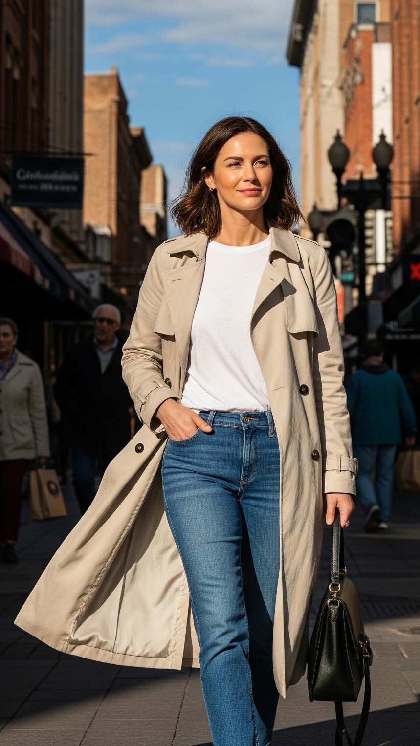 Una donna con un trench beige, jeans e una t-shirt bianca passeggia su una strada cittadina soleggiata fiancheggiata da negozi, rappresentando uno stile di moda autunnale ideale per settembre.