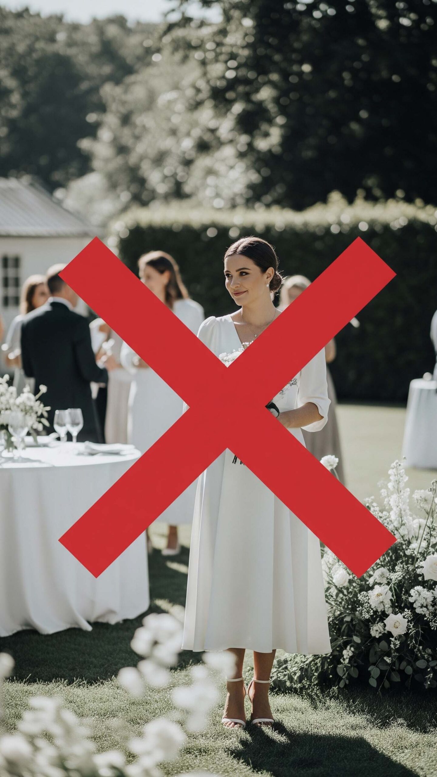 Una donna invitata a un matrimonio indossa un elegante abito midi bianco. Sull'immagine è sovrapposta una X rossa che simboleggia l'errore di stile, in quanto il bianco è un colore riservato esclusivamente alla sposa.

