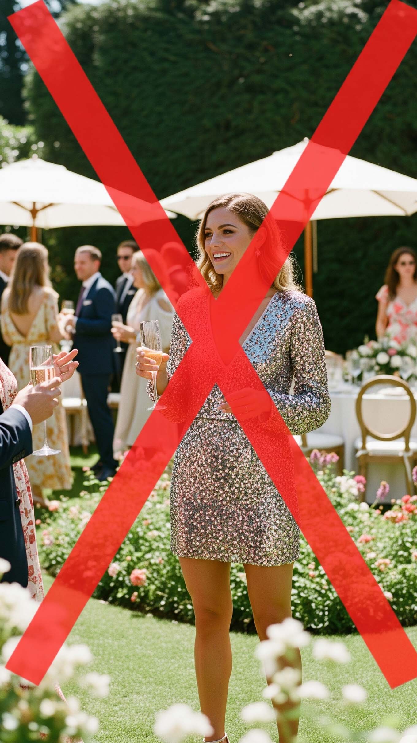 Una donna invitata a un matrimonio indossa un abito molto corto e ricoperto di paillettes. Una X rossa sull'immagine evidenzia l'errore di stile, poiché un look da discoteca non è adatto a un'occasione formale ed elegante come un matrimonio.

