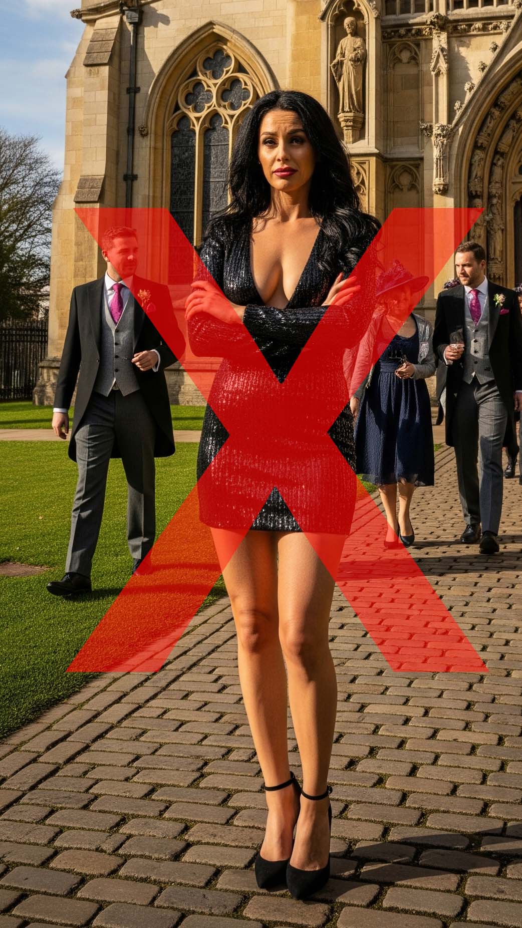 Esempio di outfit inadatto per un battesimo: una donna con un abito da sera scollato e corto fuori da una chiesa.
