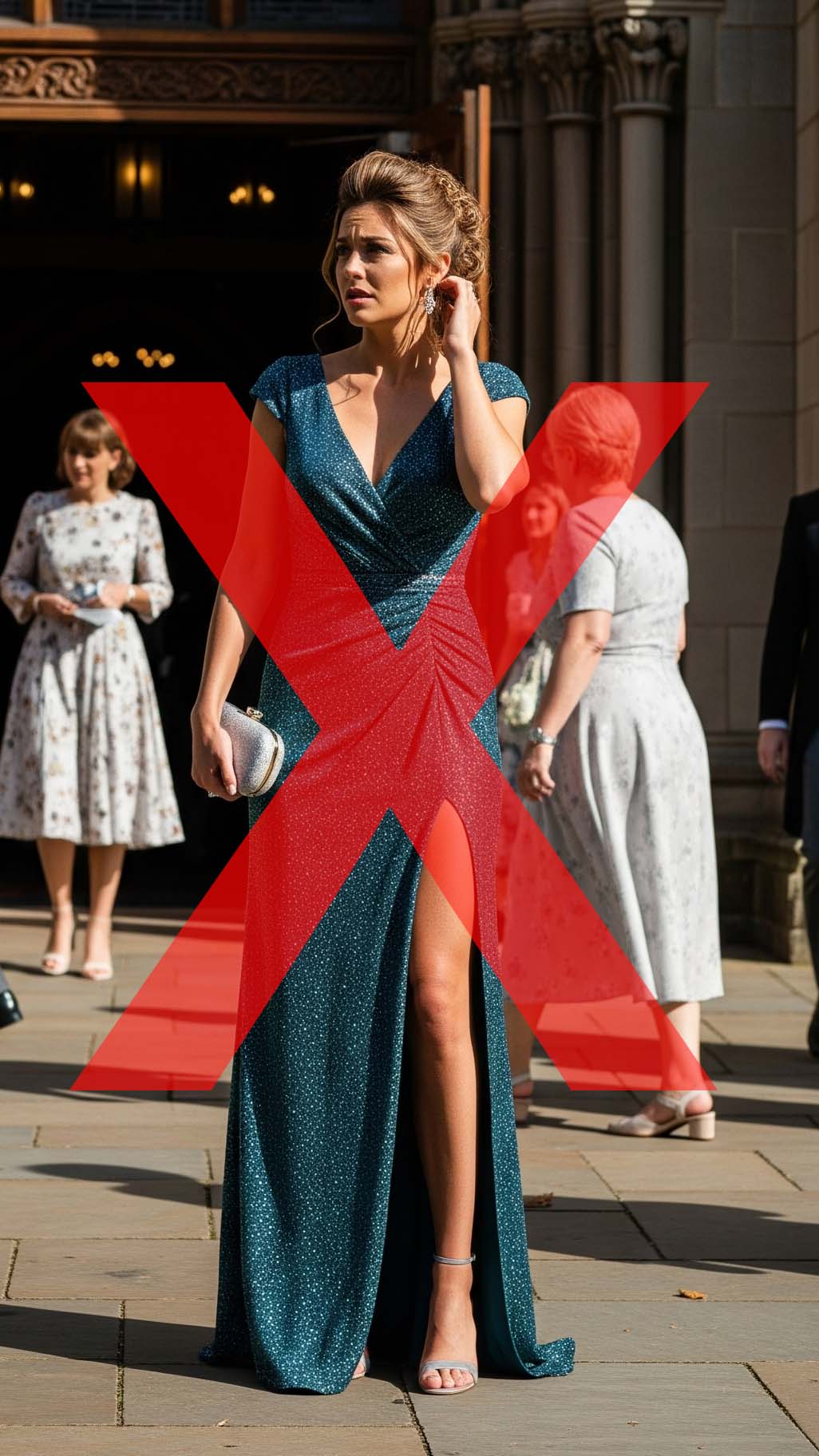 Esempio di cosa non indossare a un battesimo: una donna con un abito da sera lungo con uno spacco sulla gamba esagerato, fuori dalla chiesa.