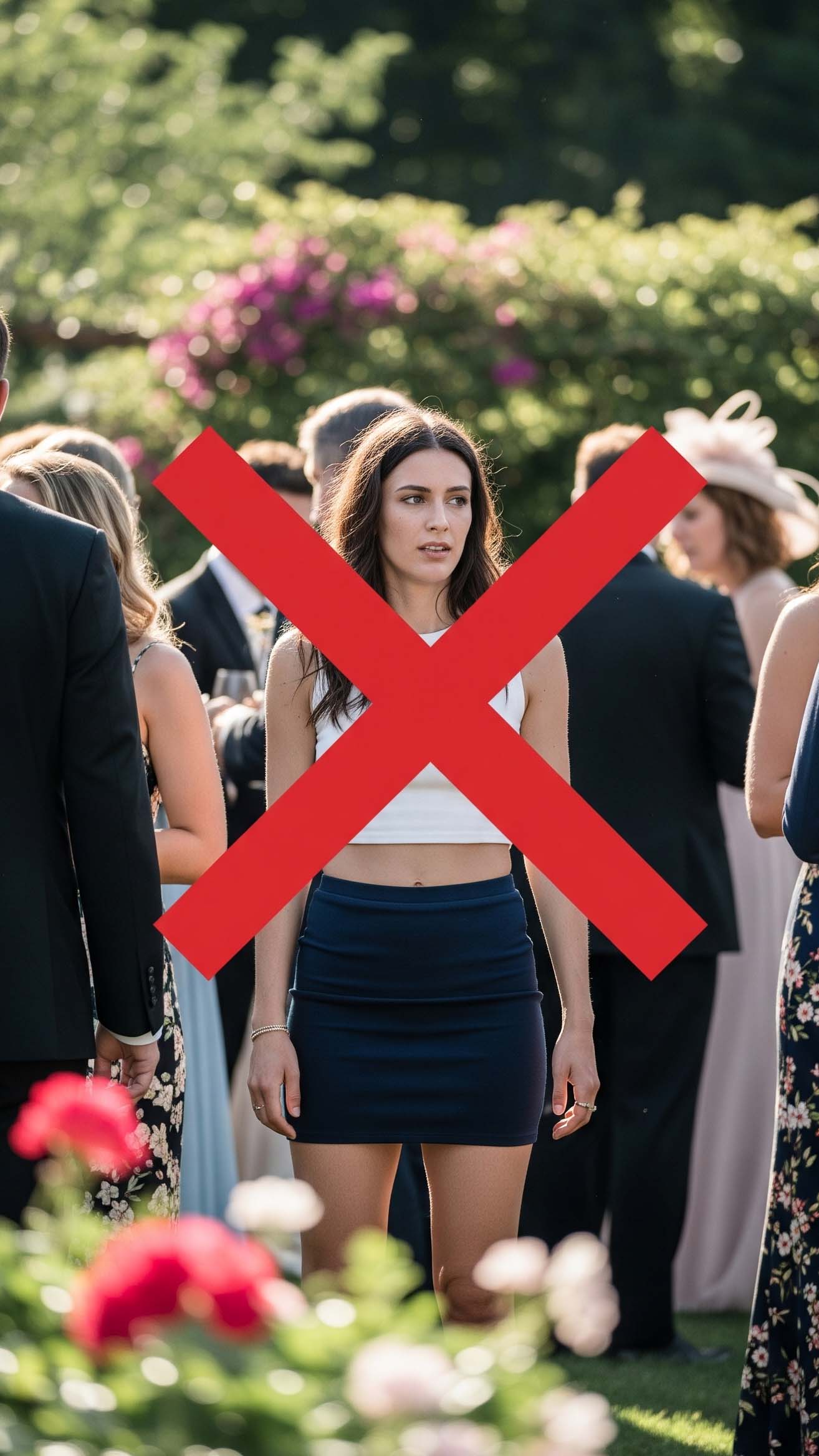 Una donna invitata a un matrimonio indossa un outfit eccessivamente informale e rivelatore: una minigonna inguinale e un crop top. Sulla foto è sovrapposta una X rossa per evidenziare che questo tipo di abbigliamento, più adatto a un'uscita in discoteca, è un errore per un'occasione formale come un matrimonio.

