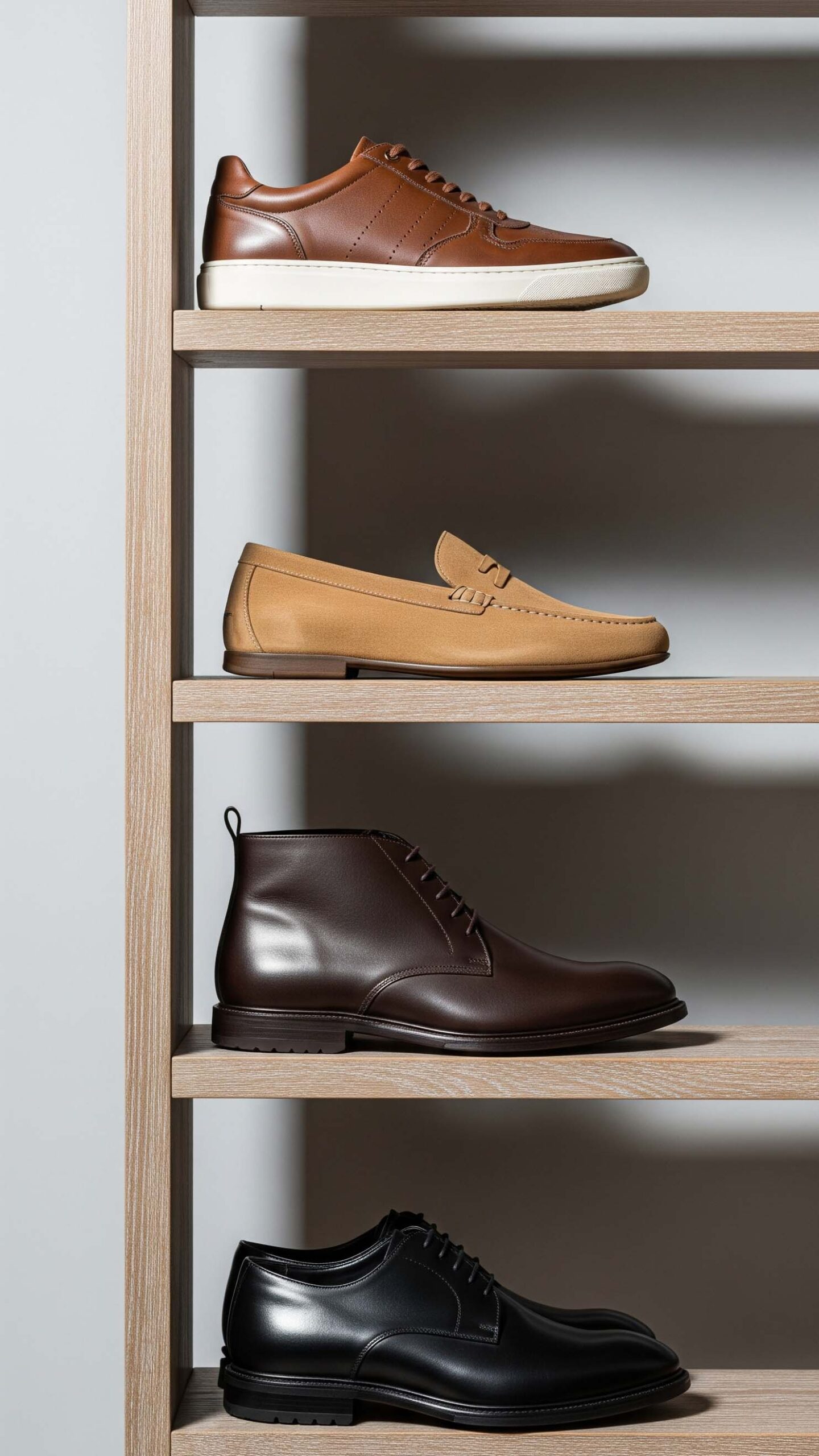 Quattro modelli di scarpe da uomo per settembre disposti su una scaffalatura in legno: dall'alto, sneakers in pelle, mocassini scamosciati, stivaletti chukka e scarpe derby.

