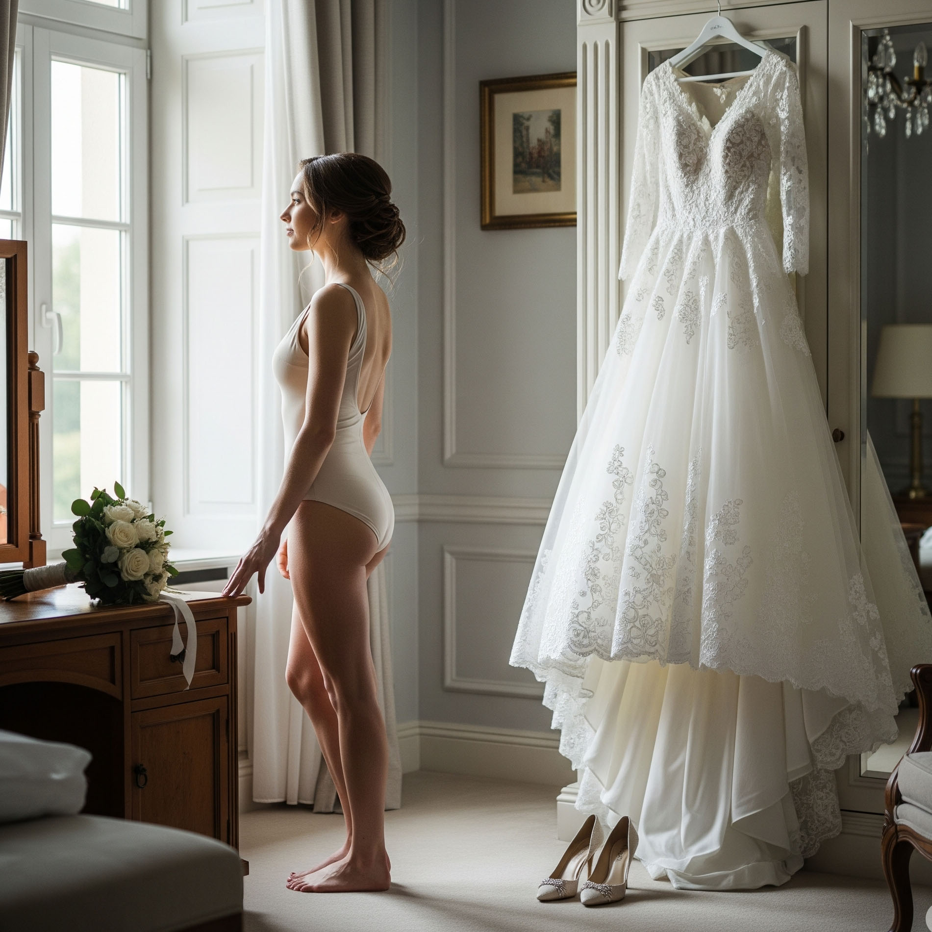 Sposa in body color carne si prepara per il matrimonio con abito nuziale sullo sfondo, esempio di intimo da giorno.

