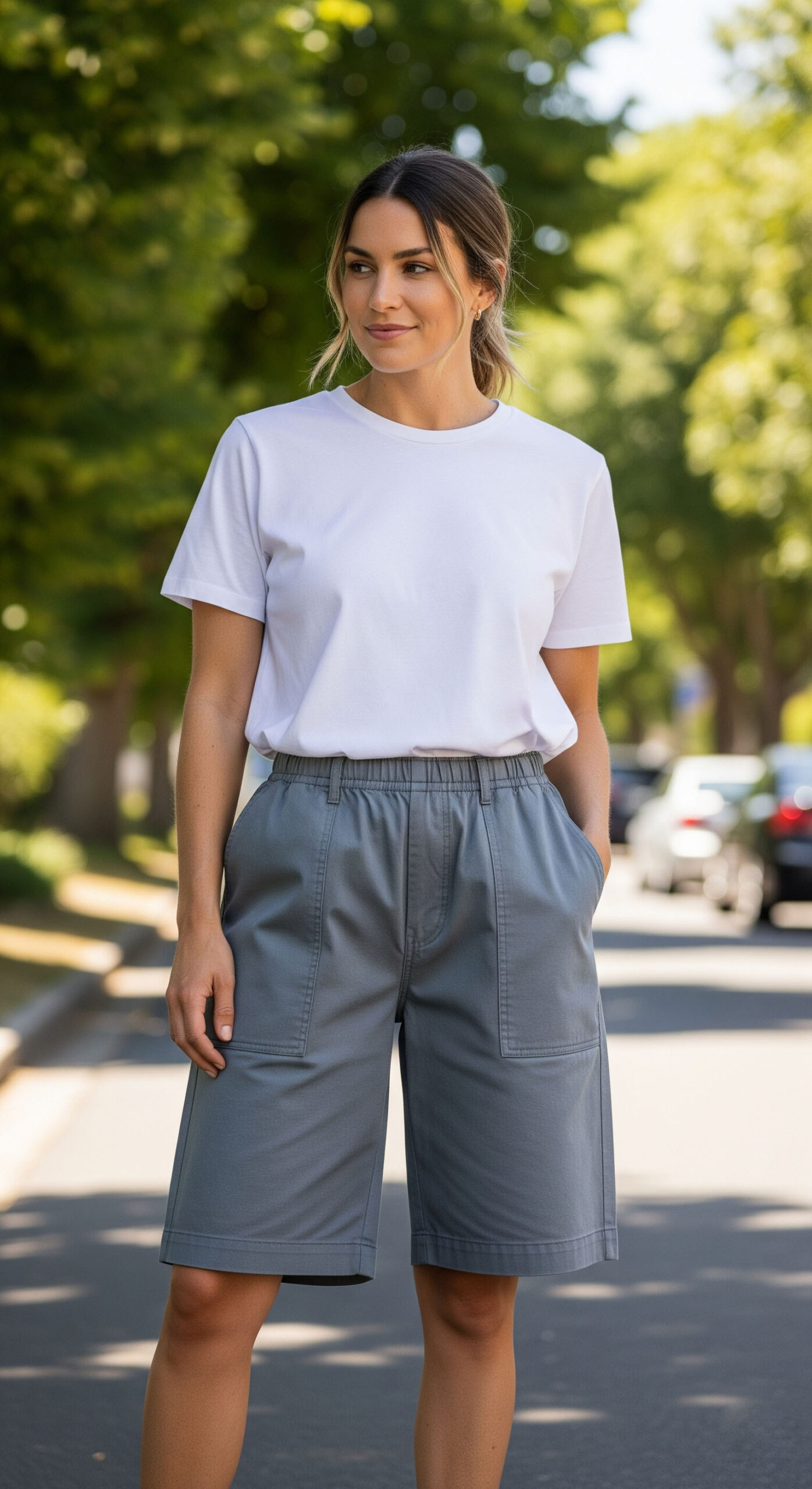 Look casual da donna per agosto: un outfit semplice e comodo composto da bermuda larghi in cotone grigio e una t-shirt bianca basic, indossato in una strada alberata.

