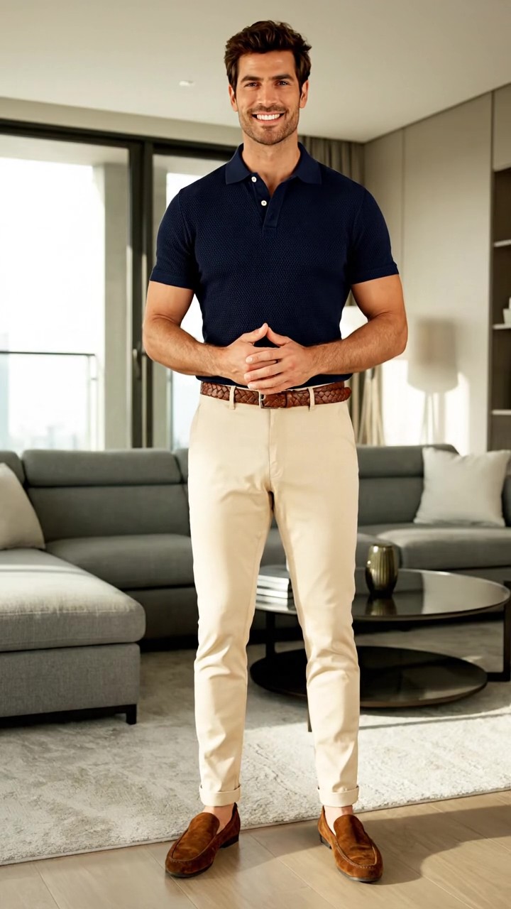 Outfit maschile raffinato composto da pantaloni chino beige, polo blu navy e mocassini scamosciati marroni.