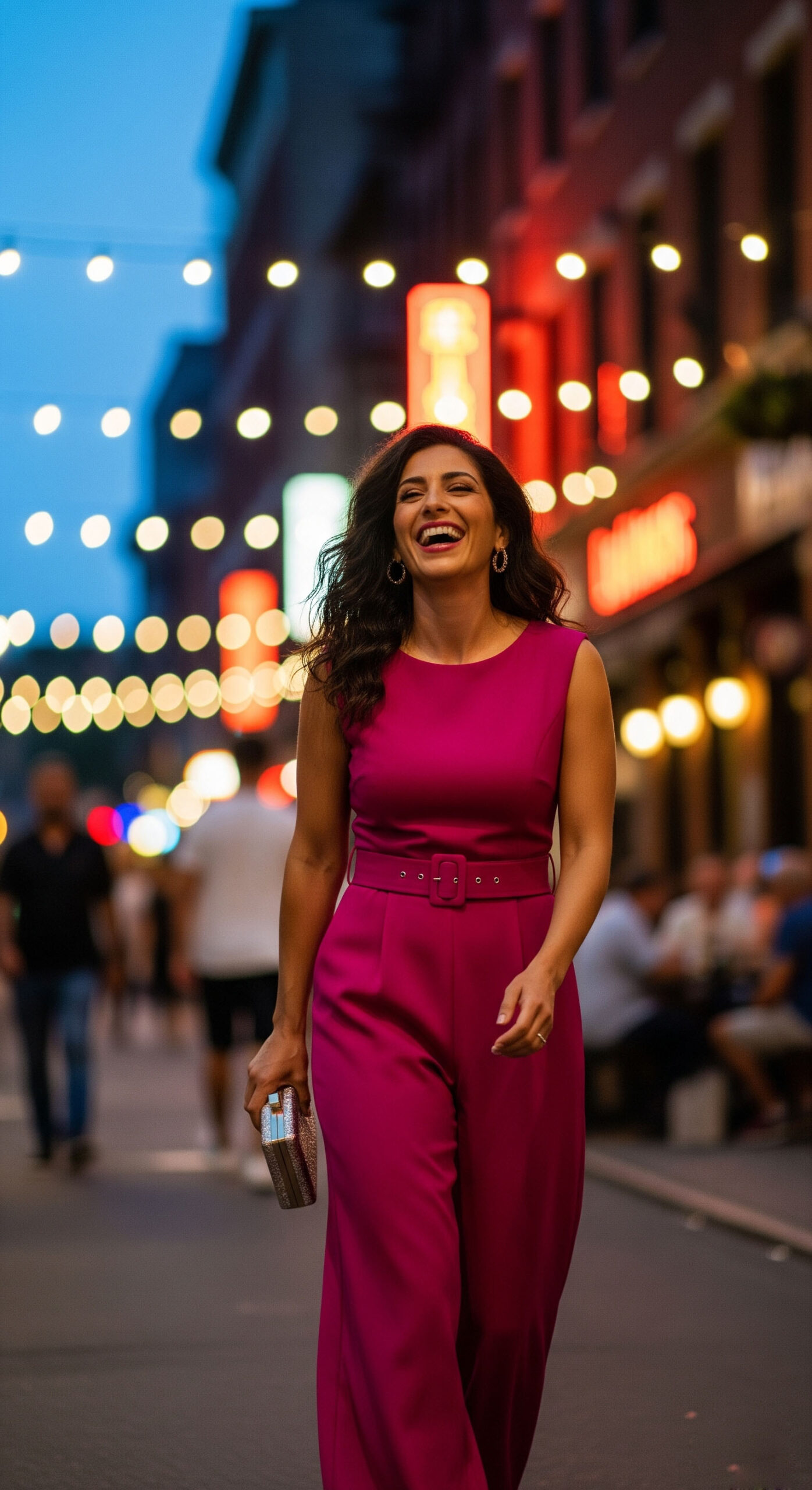 Outfit da sera per agosto: donna felice che cammina in una via illuminata di notte, indossando una jumpsuit elegante color fucsia e tenendo in mano una pochette.


