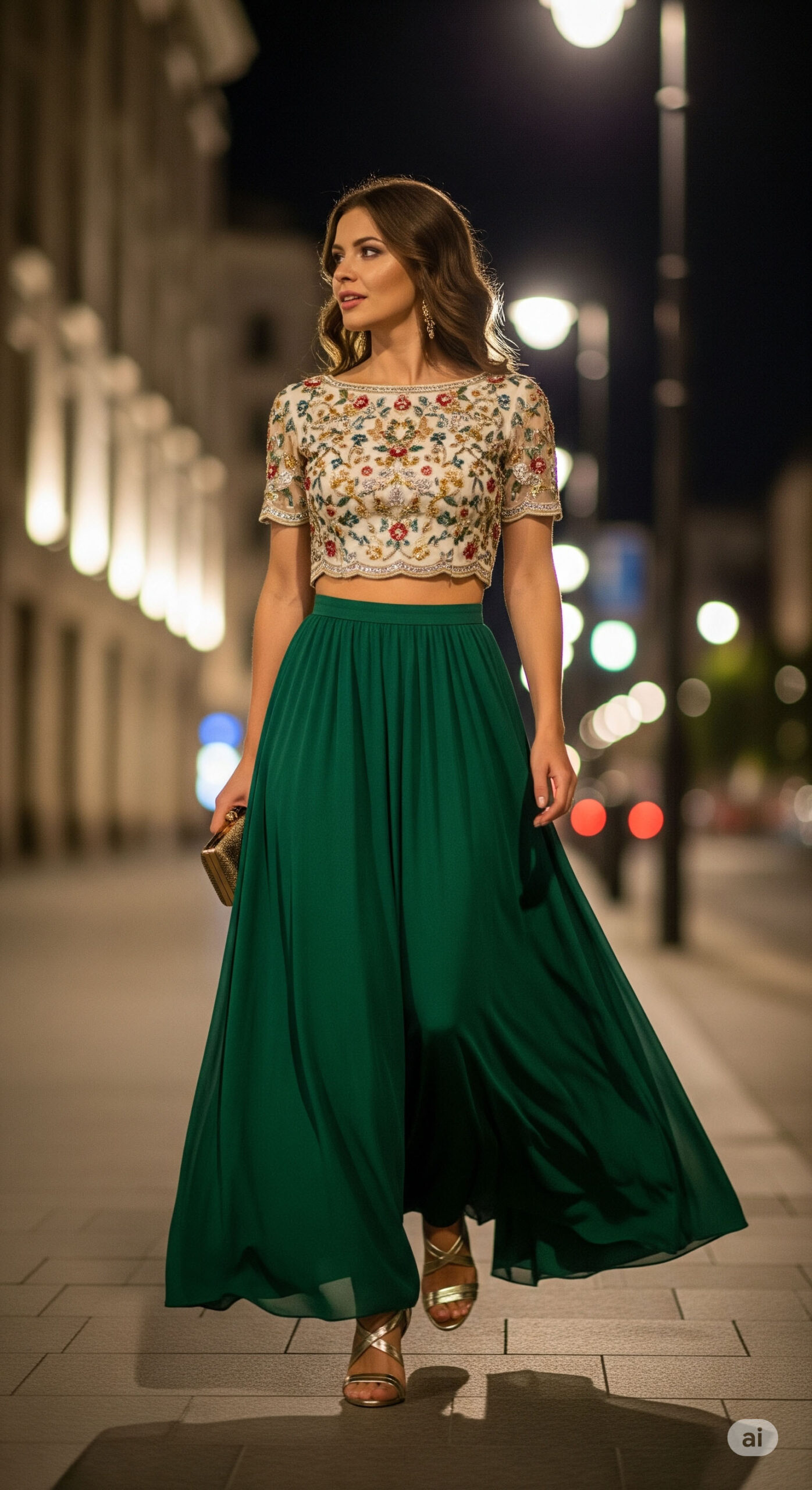 Outfit elegante per una sera d'agosto: donna che cammina di notte in città indossando una maxi gonna verde svolazzante, un crop top ricamato e sandali dorati con tacco.

