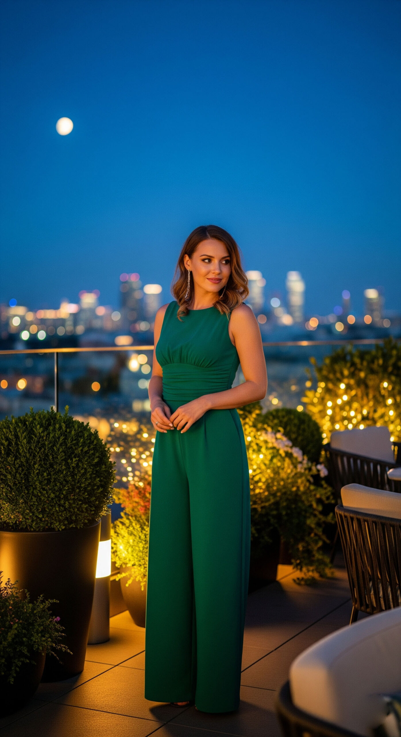 Outfit elegante per una sera d'agosto: donna che indossa una jumpsuit verde smeraldo su una terrazza con vista sulla città di notte, creando un look da sera sofisticato.

