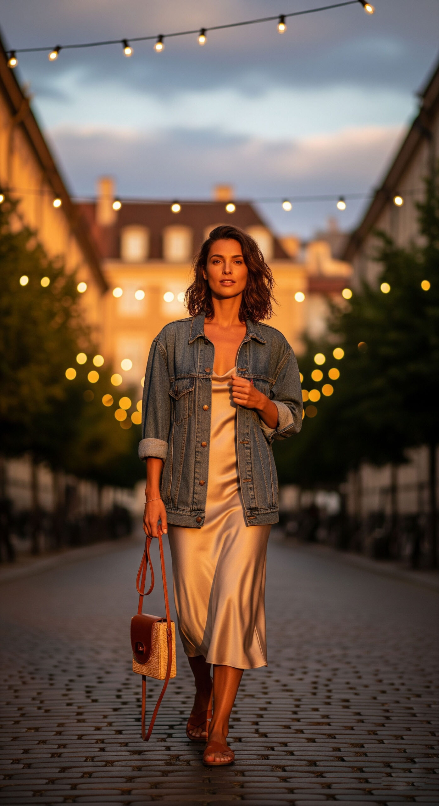 Outfit da sera per agosto: donna che indossa uno slip dress color champagne con sopra un giubbino di jeans, e sandali bassi, mentre cammina in una via illuminata da luci estive.

