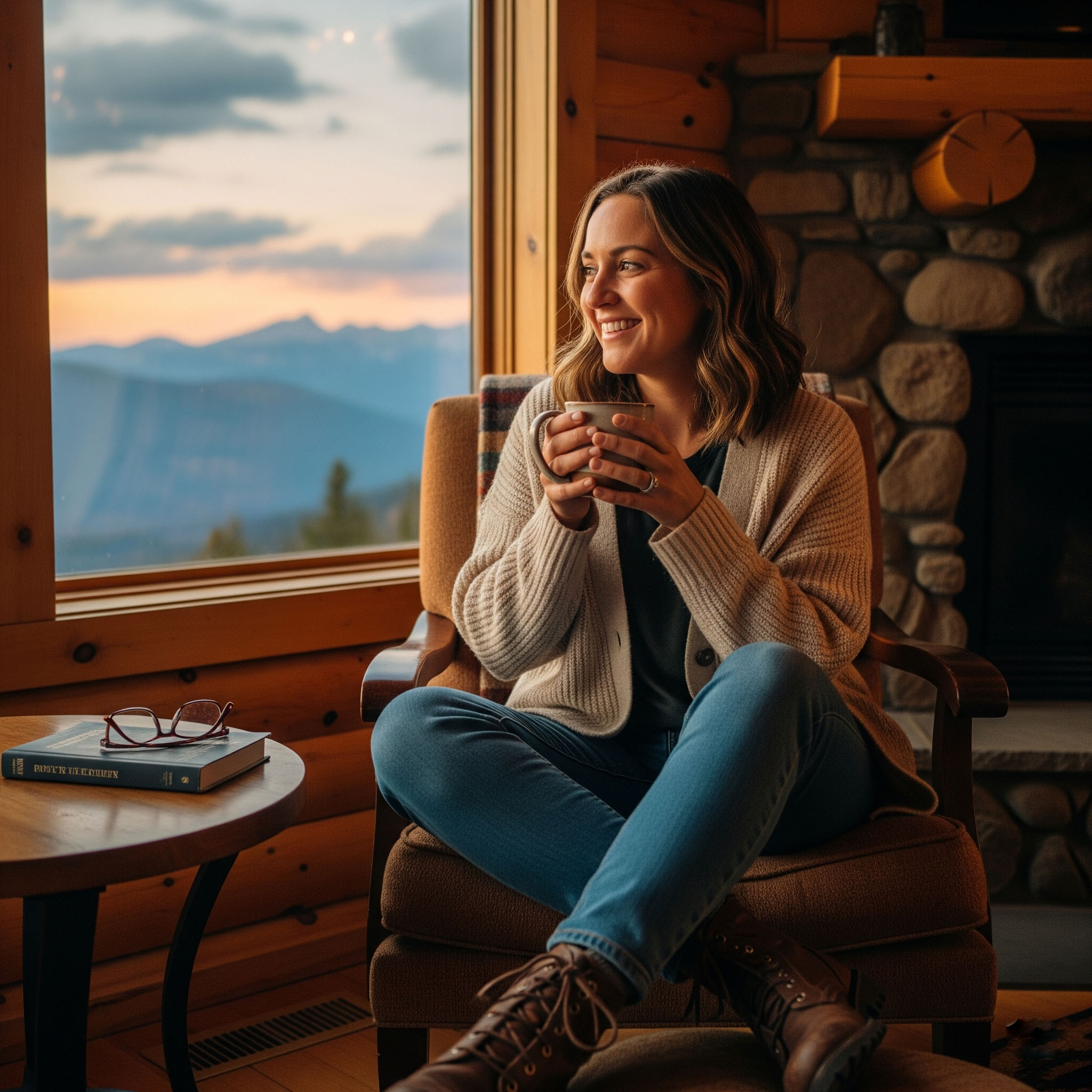 Come Vestirsi la Sera in Montagna d'estate: Guida per Donna 1 Donna sorridente con un look da sera per la montagna d'estate, indossa un cardigan e jeans mentre si rilassa in una baita accogliente.