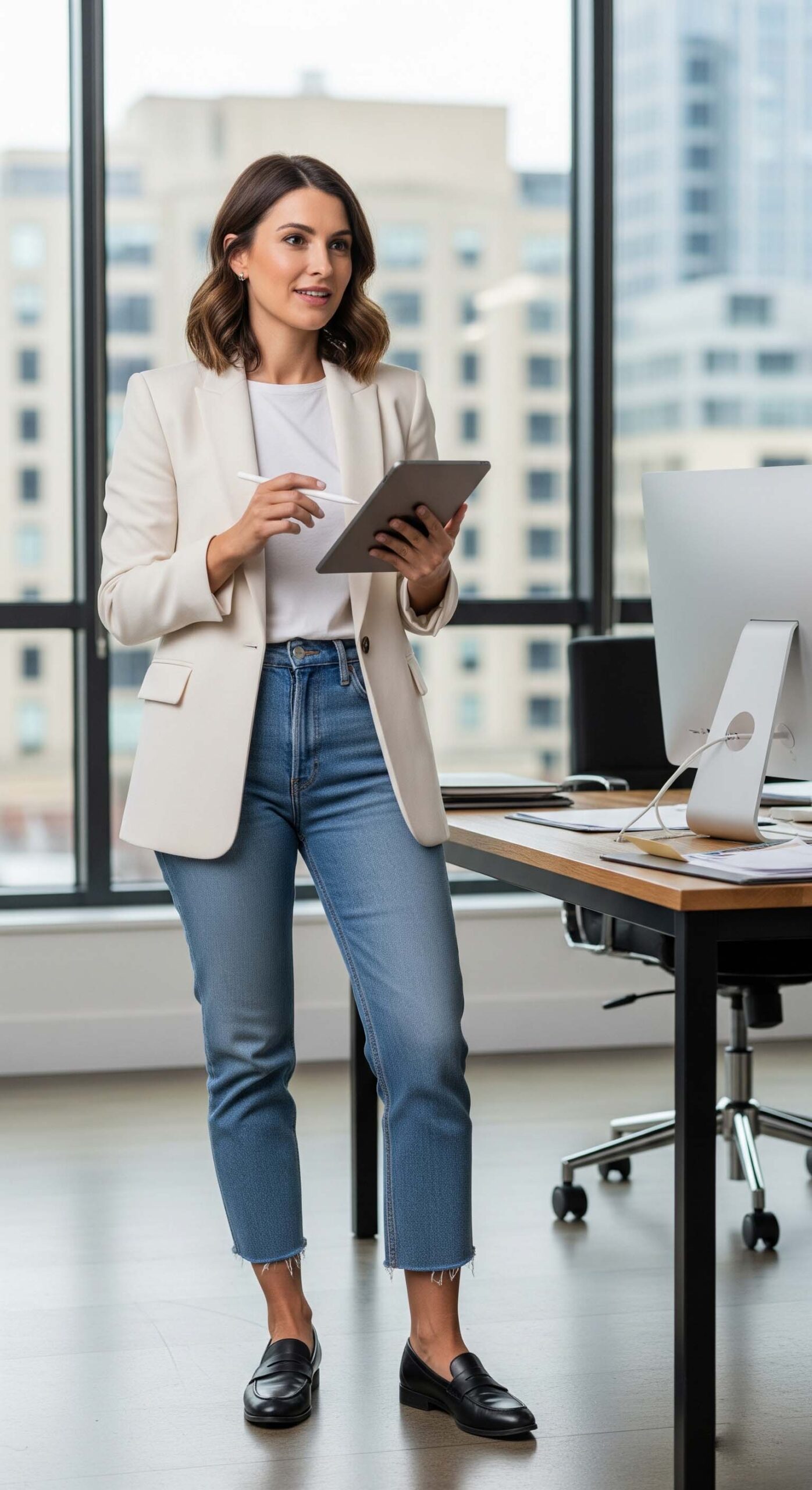 Donna in un ufficio moderno indossa un outfit da rientro per settembre composto da blazer chiaro, jeans cropped che lasciano la caviglia scoperta e mocassini in pelle nera