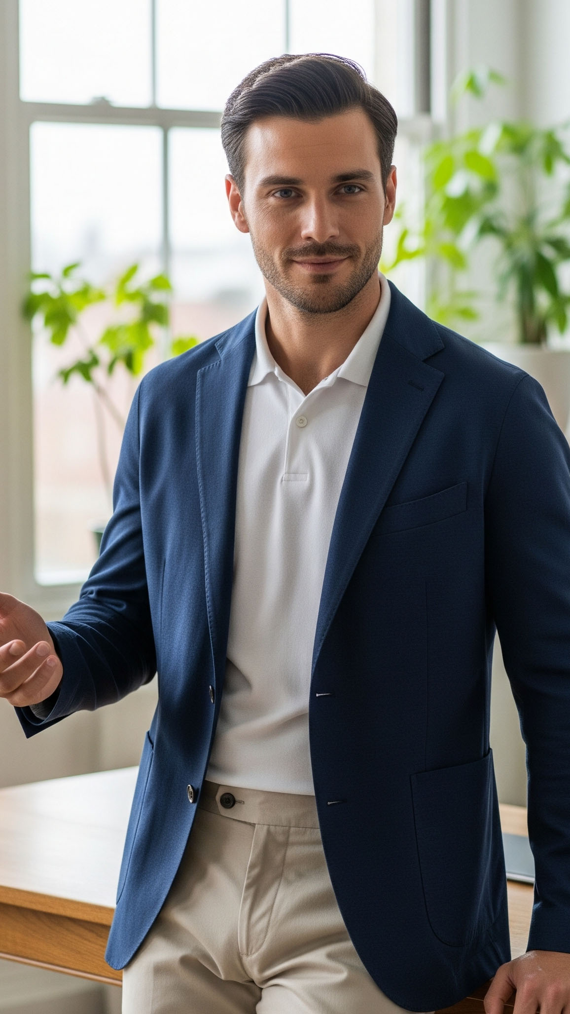 Look uomo di settembre con blazer blu, polo bianca e pantaloni chino beige, stile smart casual da ufficio.
