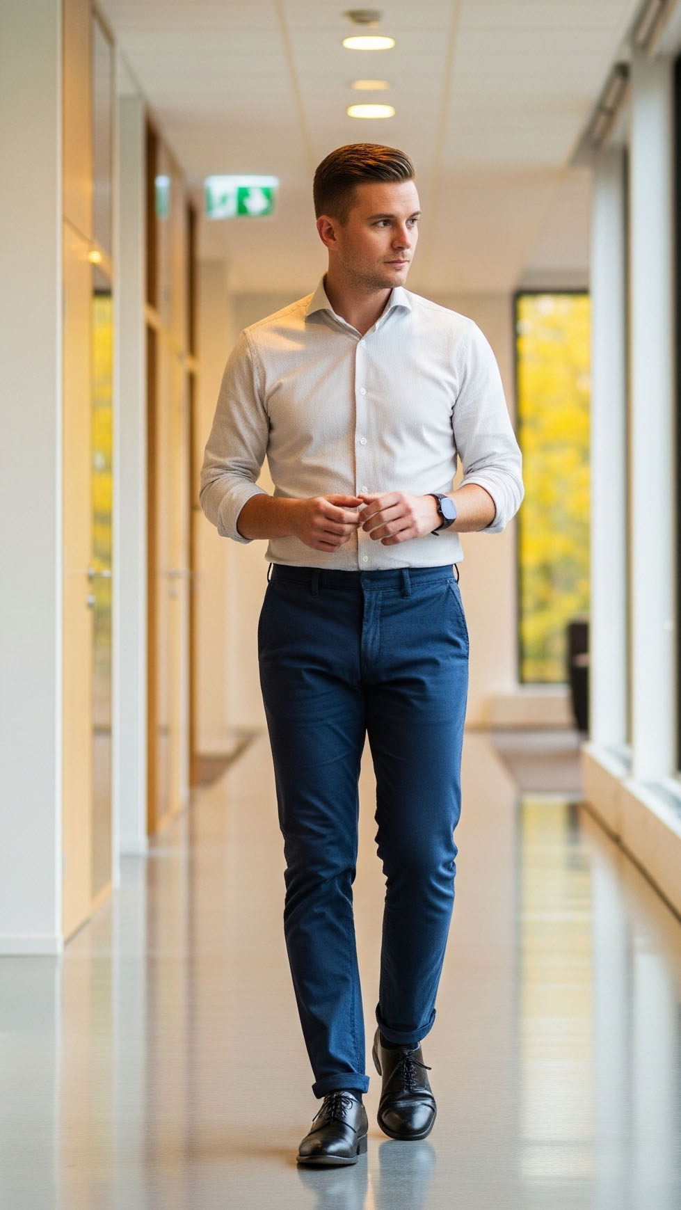 Look uomo elegante di settembre in ufficio con camicia chiara, pantaloni blu e scarpe Derby nere, stile smart casual professionale.