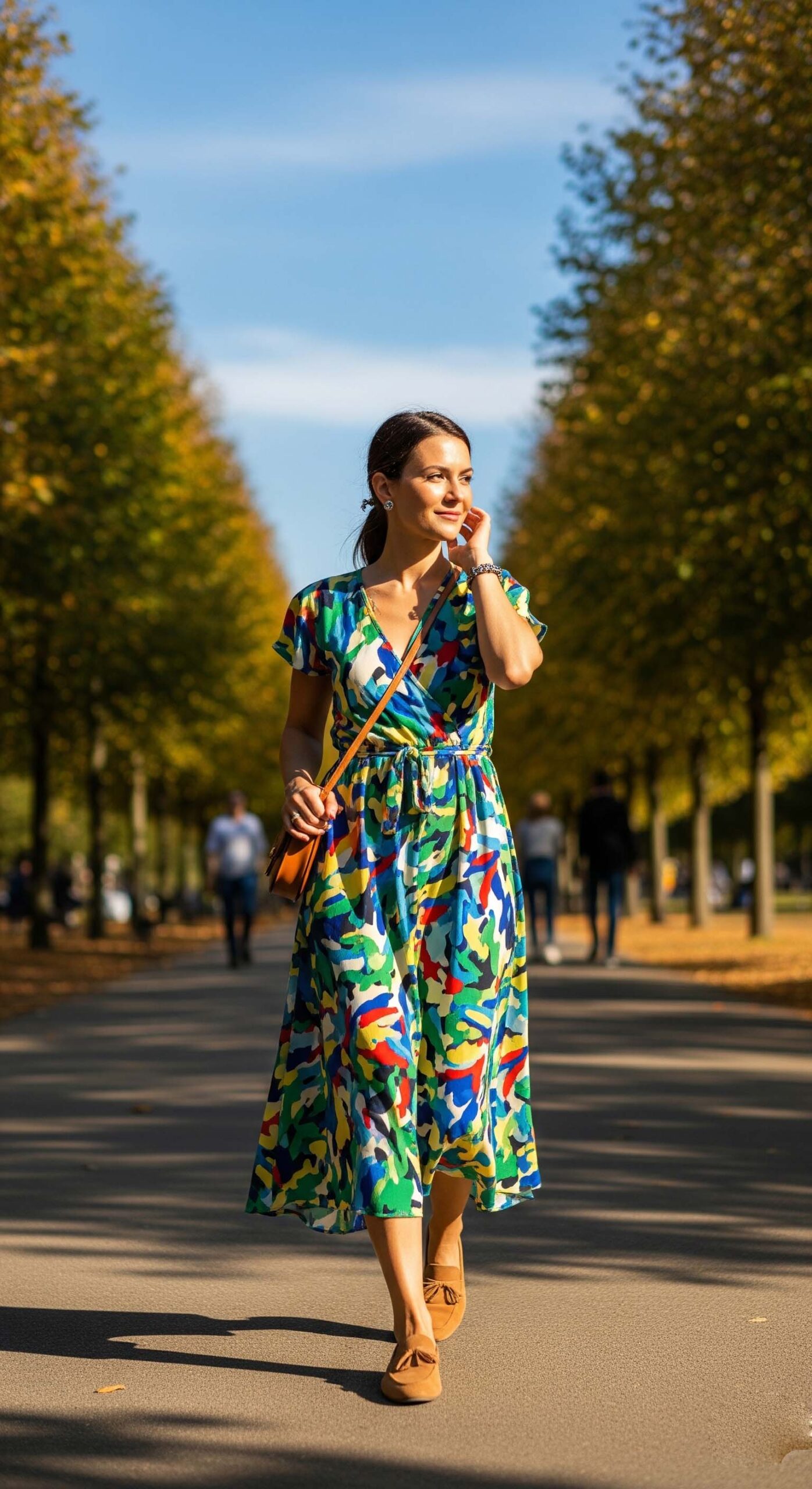Donna sorridente con un look da weekend per settembre, indossa un vestito estivo colorato e mocassini scamosciati color cuoio mentre passeggia in un parco.