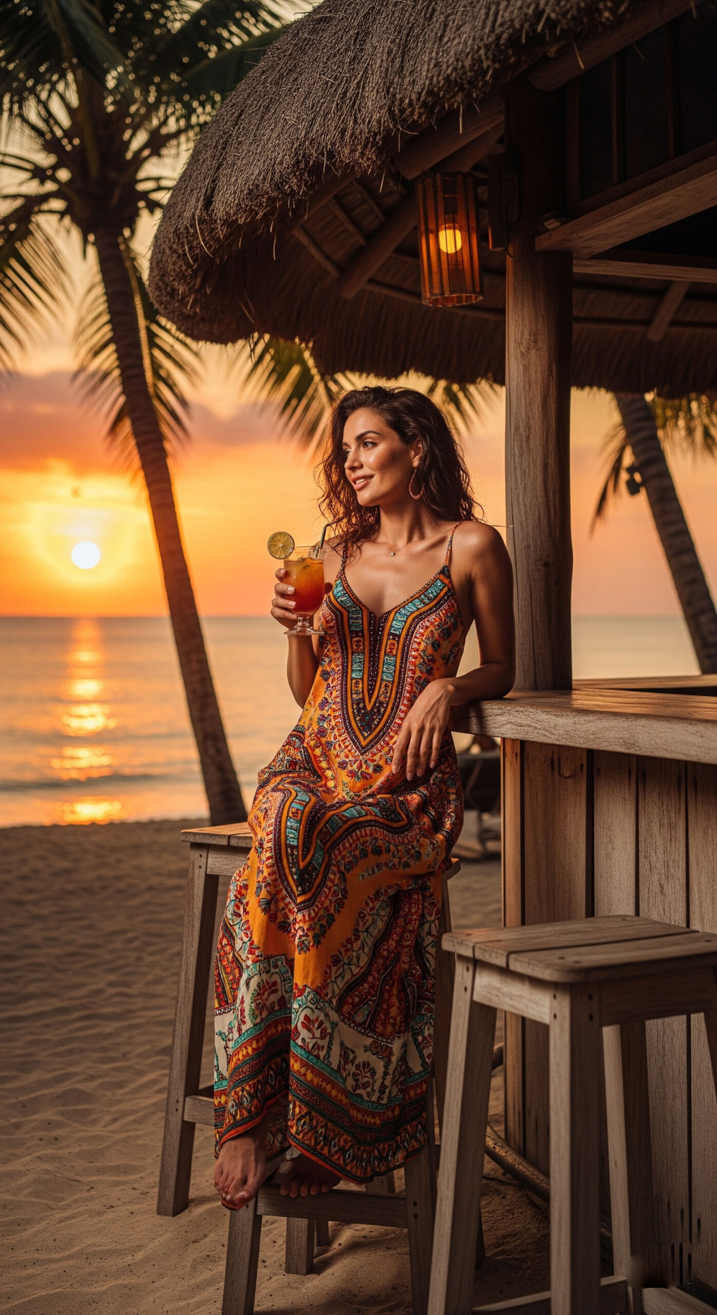 Look da sera per una vacanza al mare: donna che indossa un maxi dress con stampa etnica mentre beve un cocktail in un bar sulla spiaggia al tramonto.

