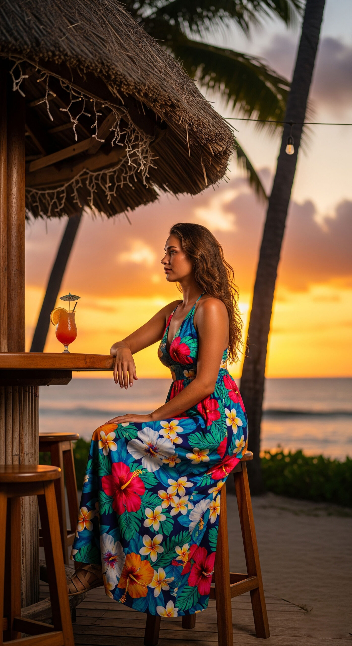 Look da sera al mare per agosto: donna con un maxi dress a fantasia floreale seduta a un bar in spiaggia per un aperitivo al tramonto.

