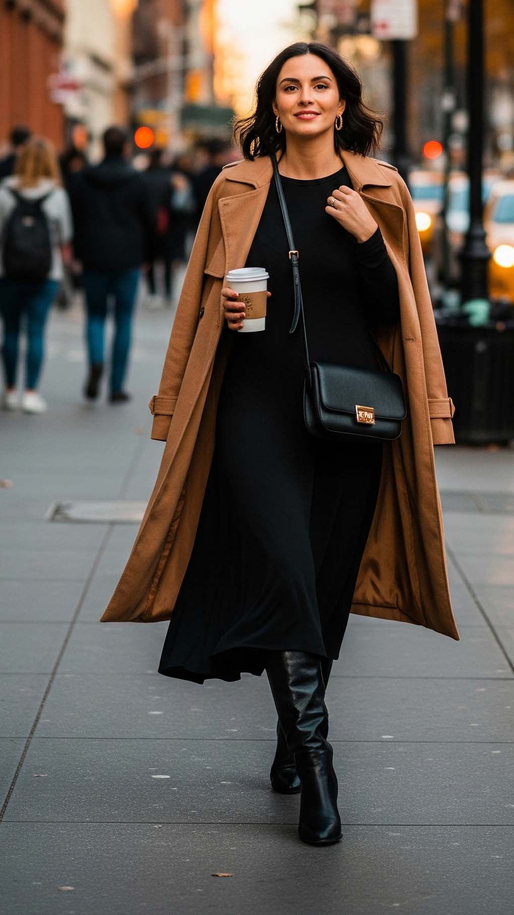 Colori Autunno Donna: Guida aI Colori per l'Autunno 2025 3 Donna con un elegante outfit autunnale da città che indossa un vestito nero, stivali neri e un cappotto color cammello.