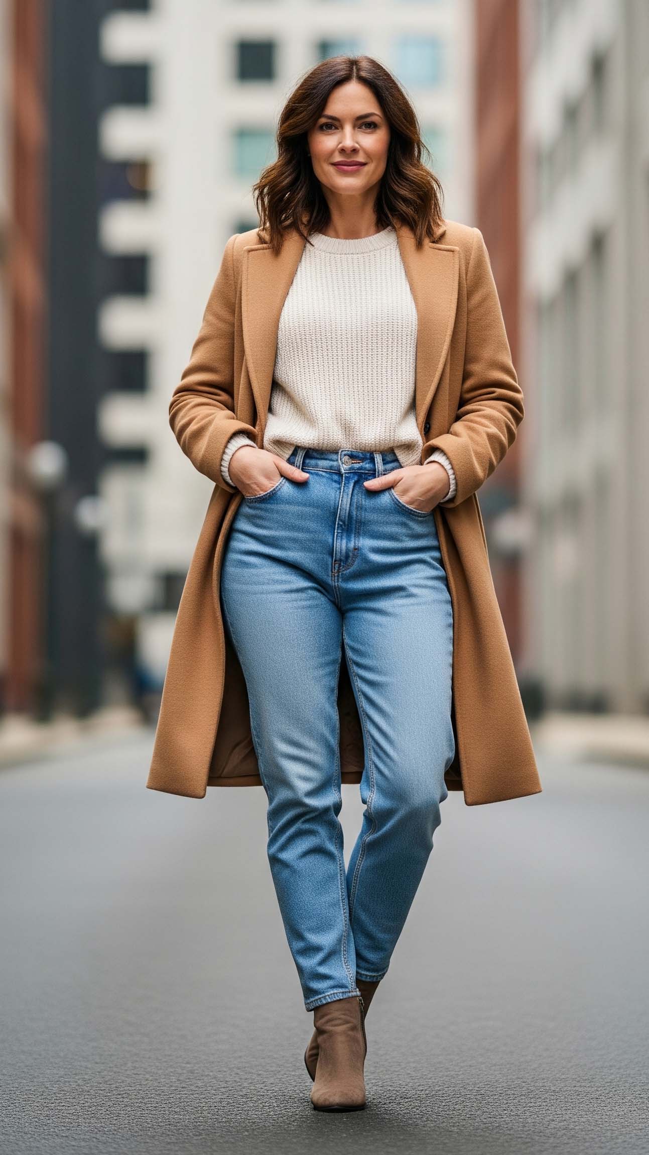 Colori Autunno Donna: Guida aI Colori per l'Autunno 2025 2 Donna con un outfit autunnale da città: indossa un cappotto color cammello, un maglione chiaro e un paio di jeans.