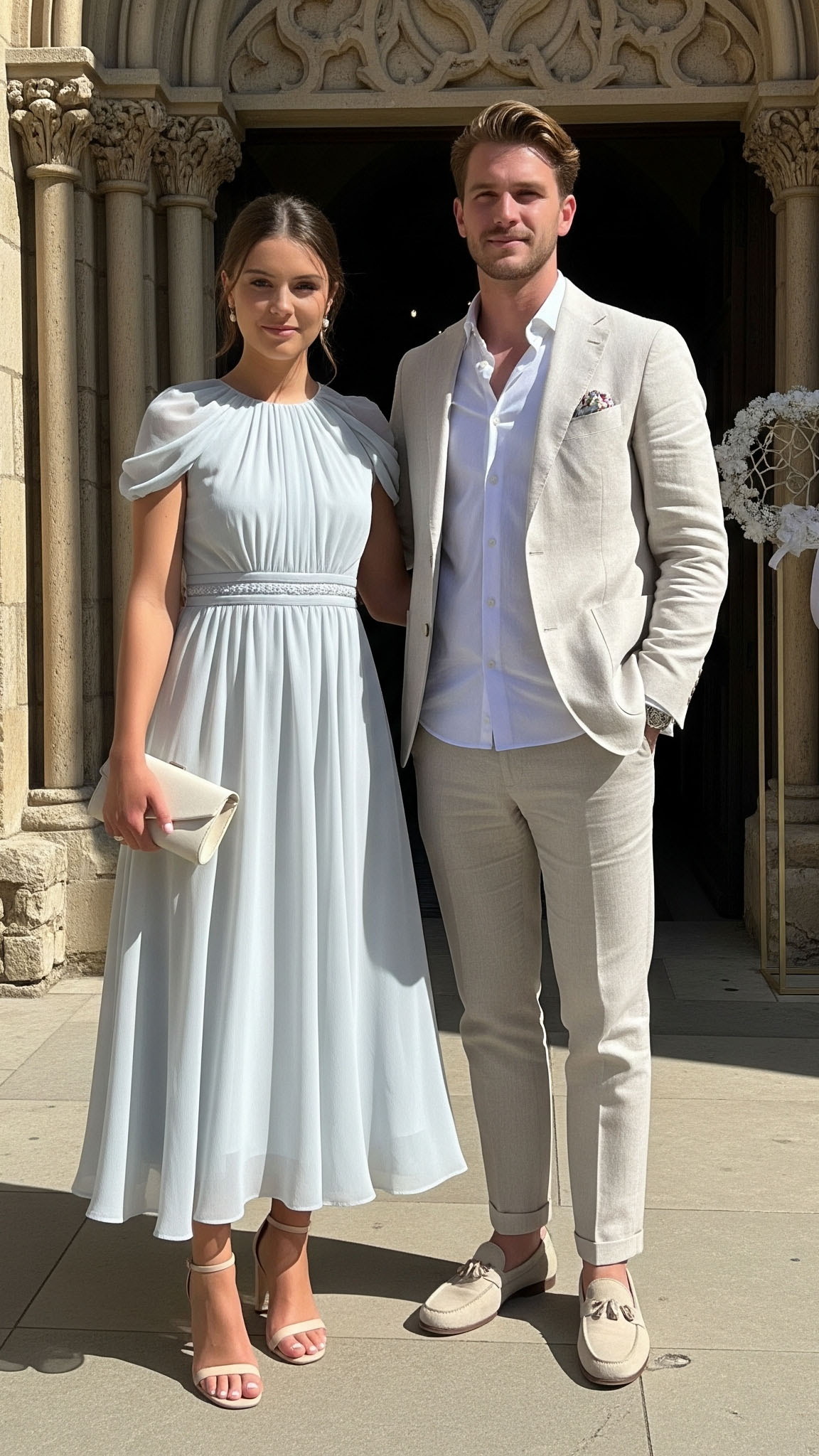 Coppia elegante davanti a una chiesa in estate: donna con abito midi azzurro pastello e sandali nude, uomo con completo in lino beige chiaro e camicia bianca, outfit perfetti per un battesimo estivo