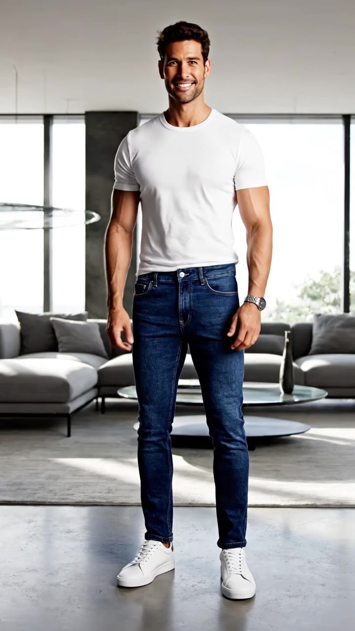 Uomo indossa un outfit casual minimalista con jeans slim fit blu scuro, t-shirt bianca e sneakers in pelle bianca