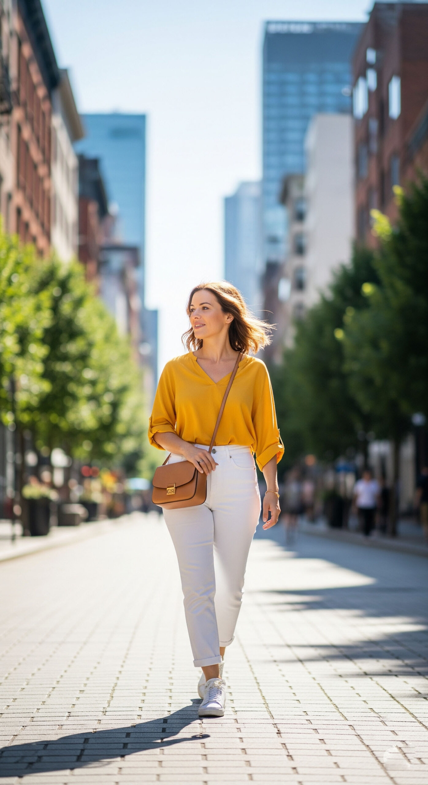 Look da città per agosto: donna che cammina per strada con un outfit estivo composto da jeans bianchi, una blusa color giallo sole e una borsa a tracolla.

