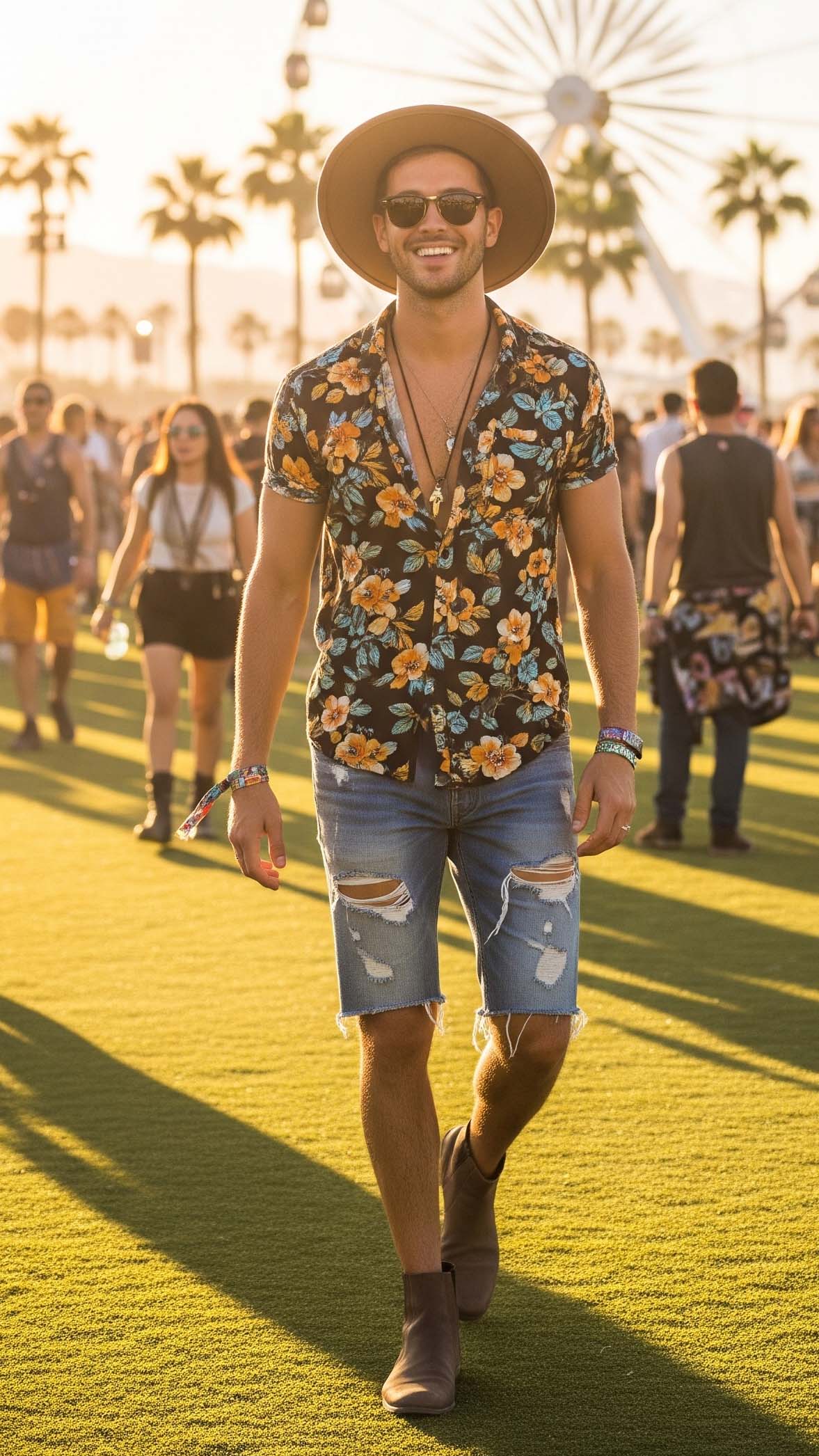 Ragazzo con un outfit Coachella uomo stile desert wanderer, che indossa camicia a fantasia, cappello e occhiali da sole nel deserto californiano.