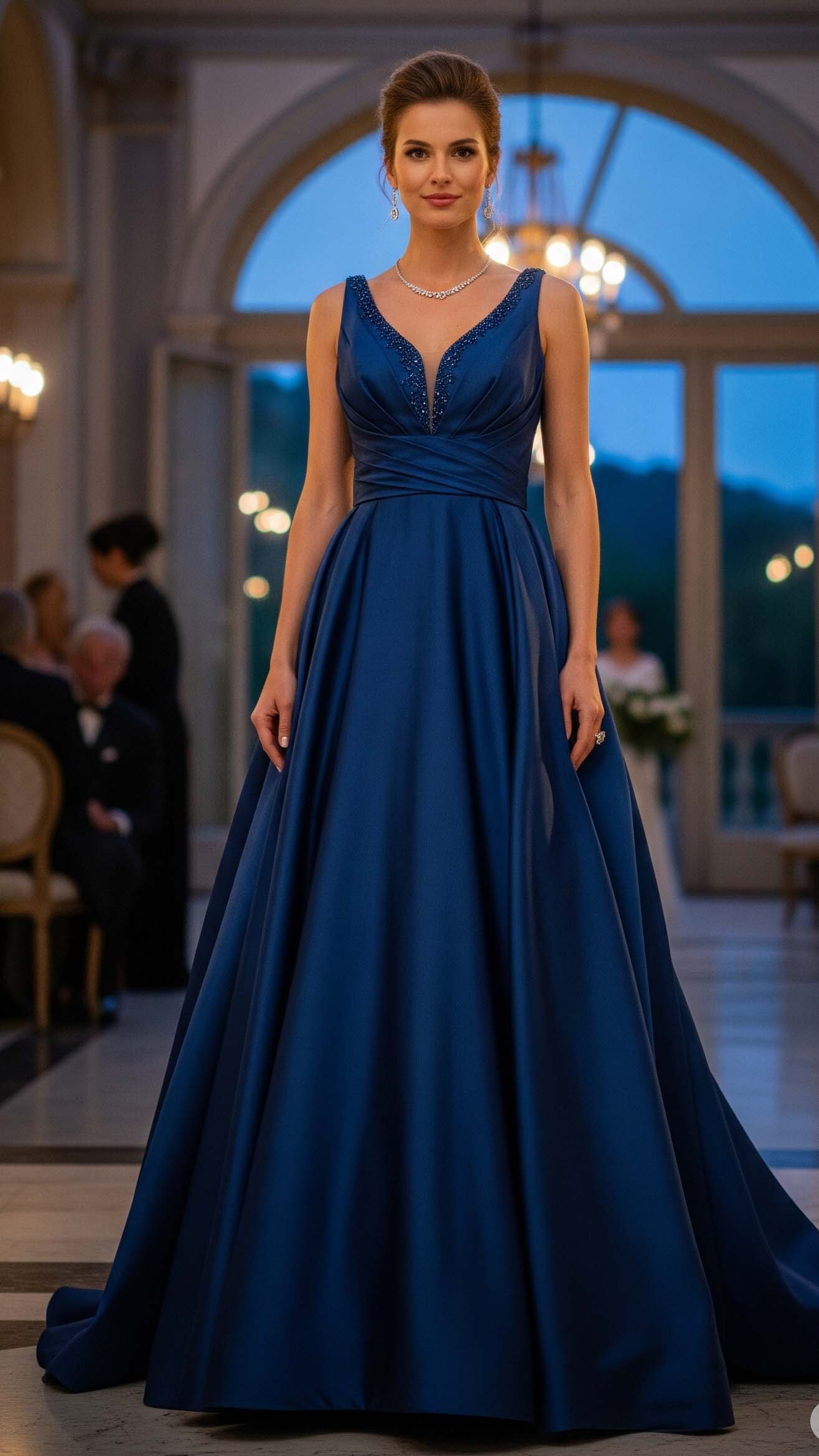 Donna con un elegante abito da cerimonia lungo blu notte in raso, outfit perfetto per un evento serale in una villa di lusso.