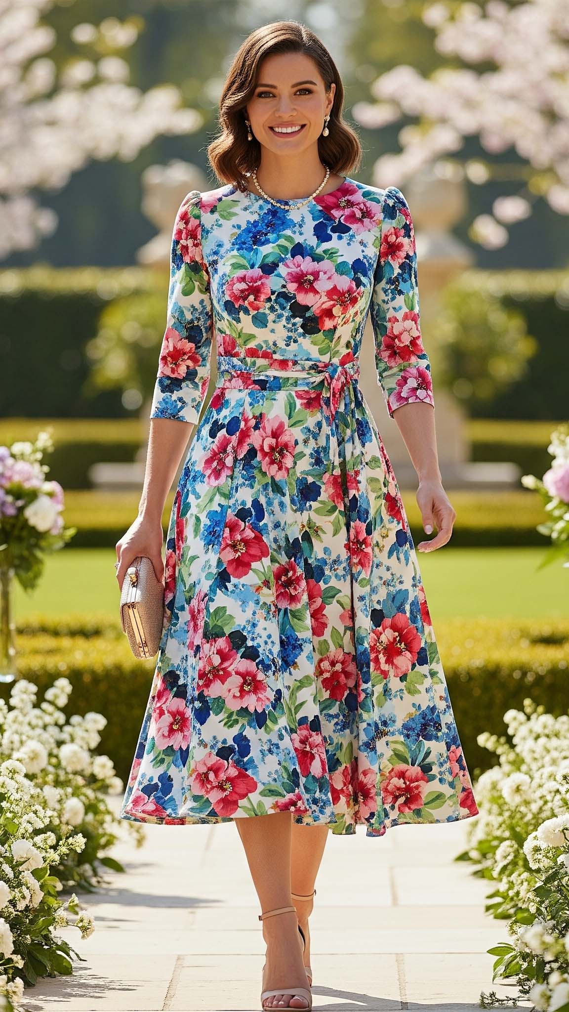 Donna sorridente indossa un outfit elegante per cerimonia diurna composto da un abito midi a fantasia floreale colorata