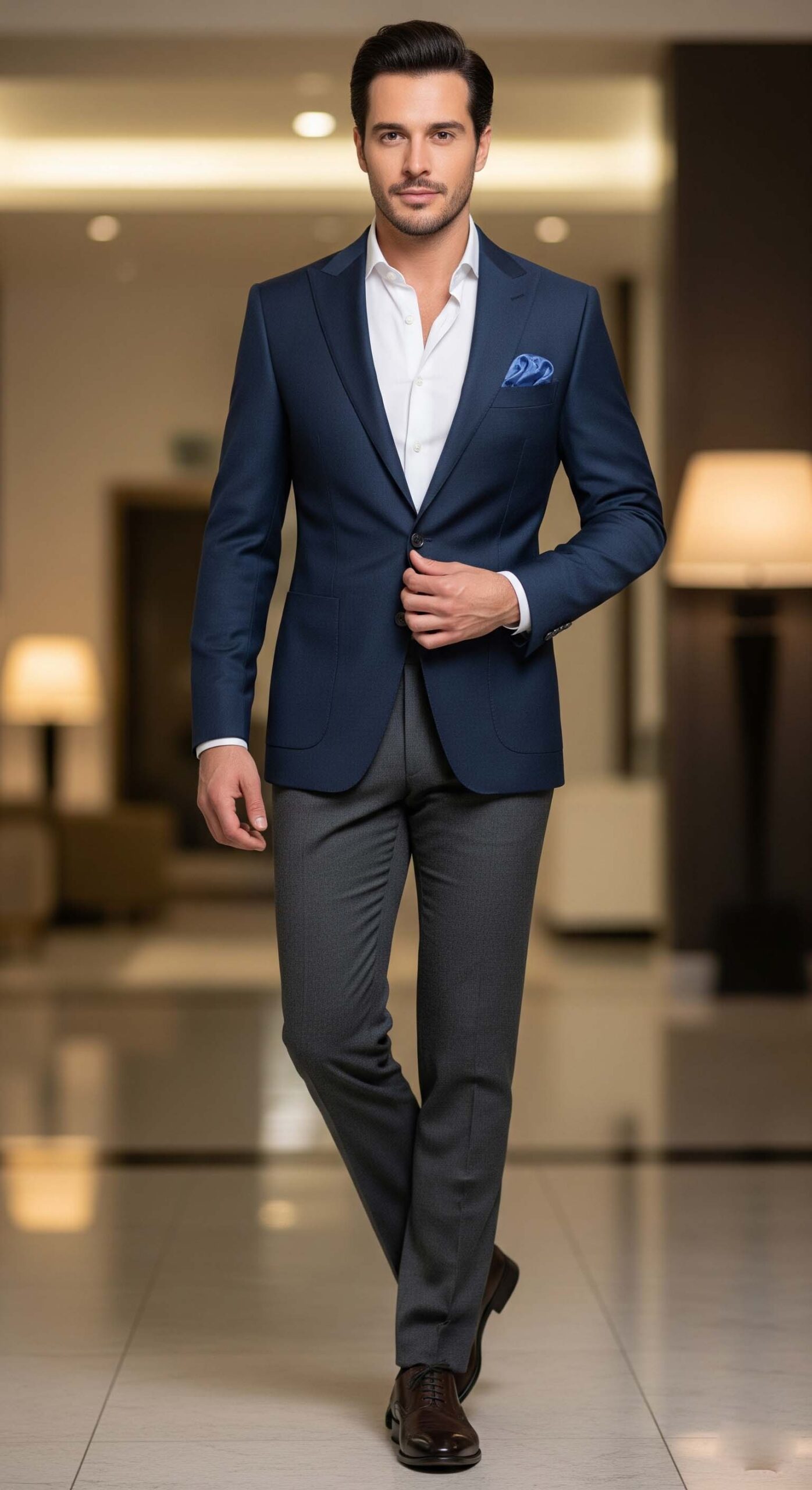 Uomo che indossa un outfit elegante spezzato, un esempio di come vestirsi con stile usando un blazer blu, una camicia bianca slim fit e pantaloni grigi.
