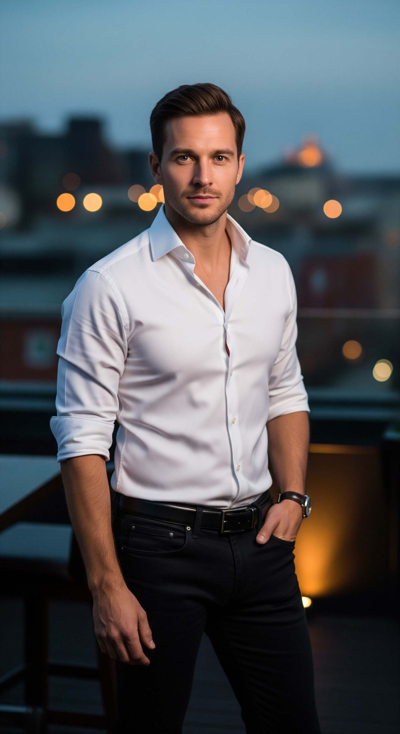 Uomo con un outfit elegante e informale, un esempio di come vestirsi con stile abbinando jeans scuri e una camicia bianca slim fit.
