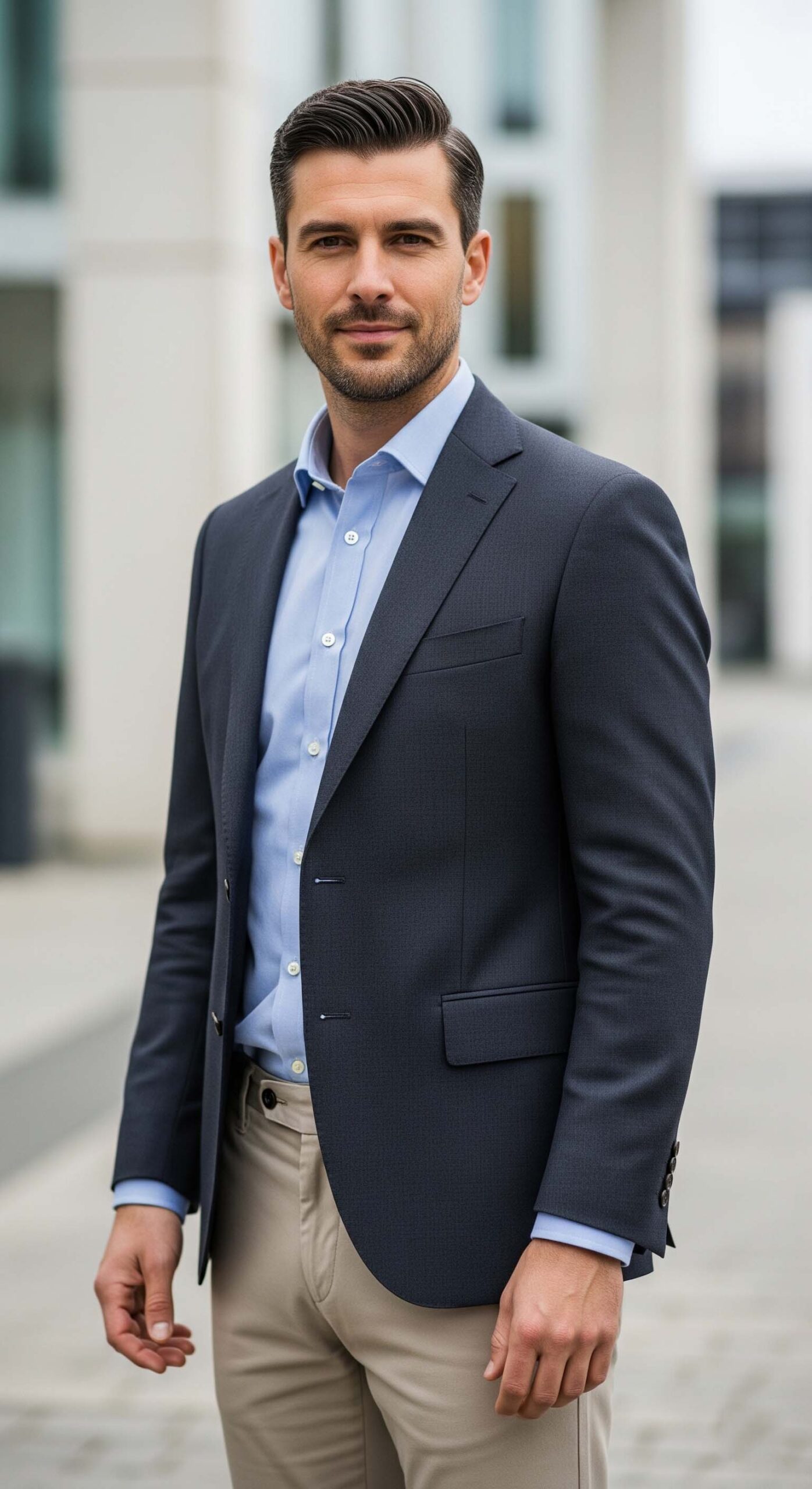 Uomo con un outfit elegante in stile smart casual, un esempio di come vestirsi elegante con blazer blu, camicia e pantaloni chino.