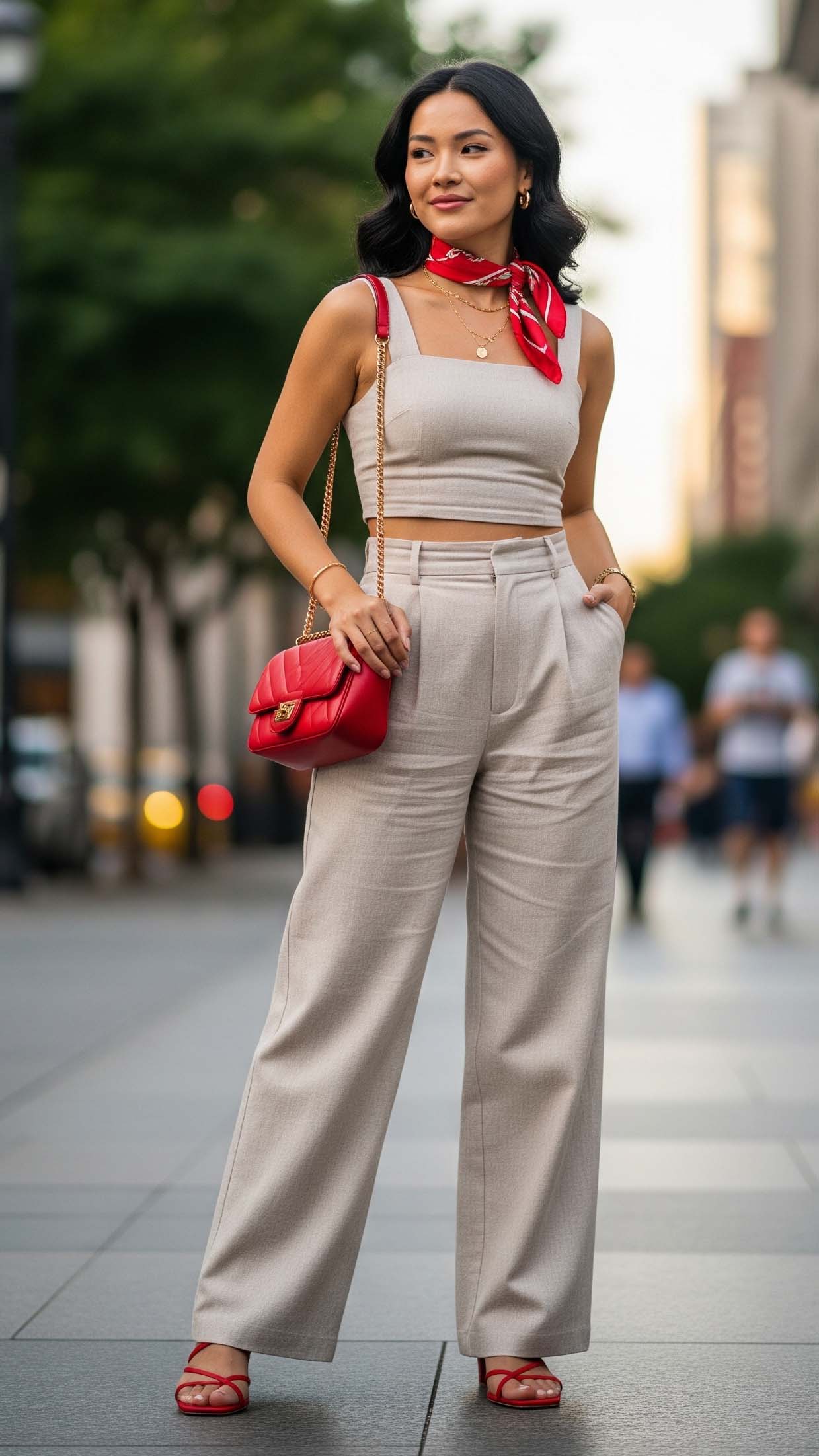 Come Vestirsi in Estate Donna: Guida Outfit Estivi 2025 16 Donna che usa accessori rosso ciliegia come borsa e foulard per creare un accento di colore su un outfit a base neutra, un'idea di tendenza per l'estate 2025.