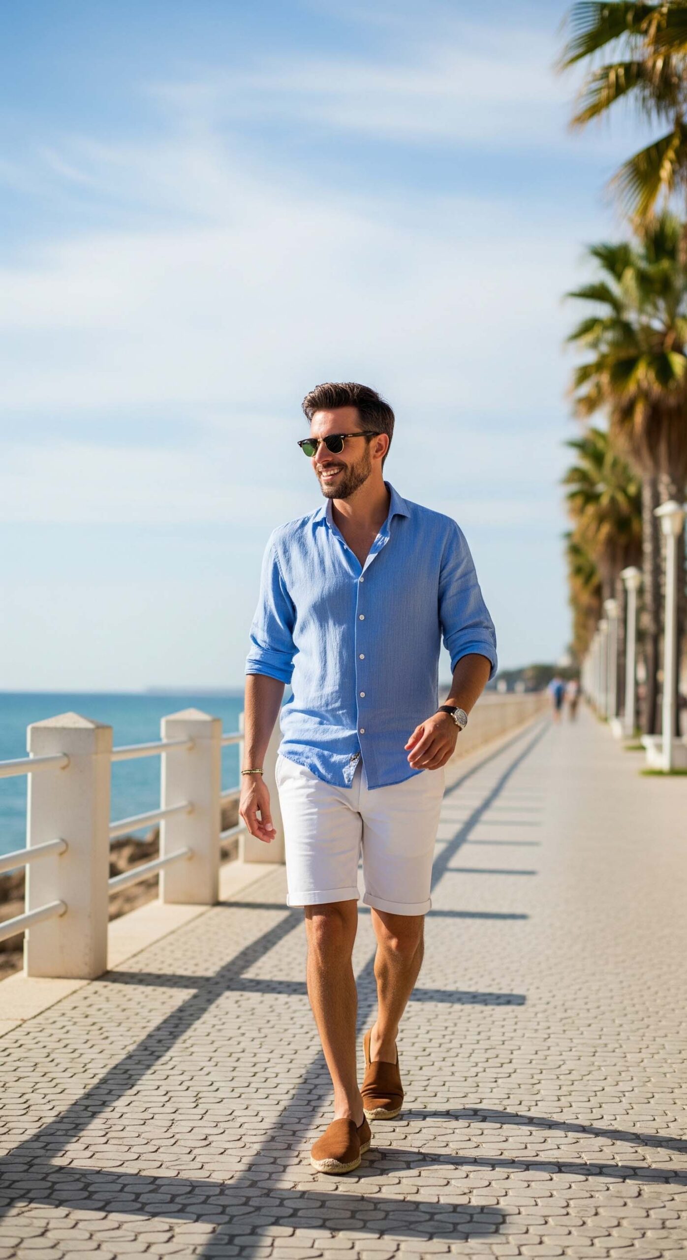 Un uomo con un perfetto outfit estivo, composto da camicia di lino azzurra e bermuda bianchi, cammina sorridente su un lungomare soleggiato.

